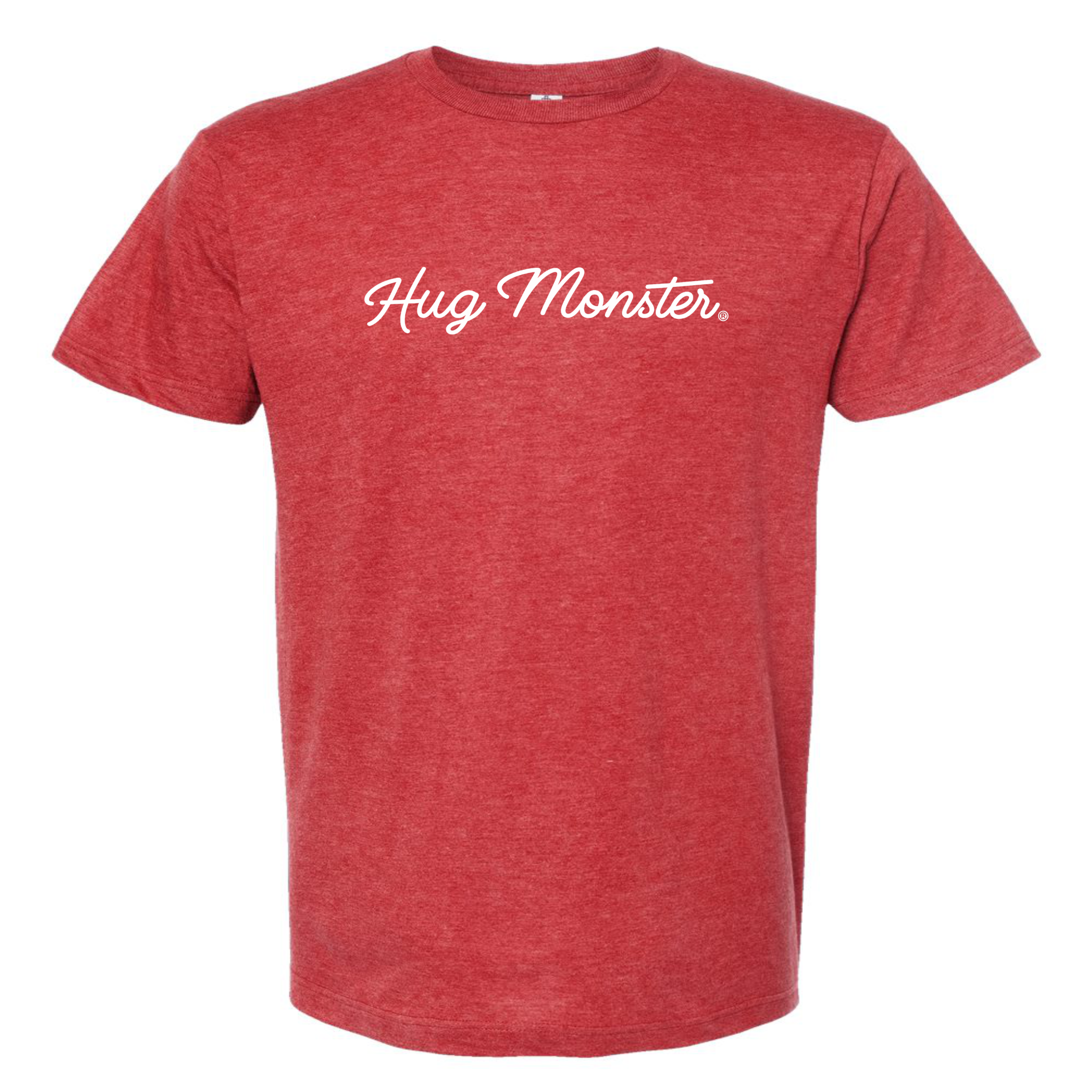 Hug Monster Classic White Cursive T-Shirt - Positive Message Graphic Tee in Heather Red Scarlet – Front View