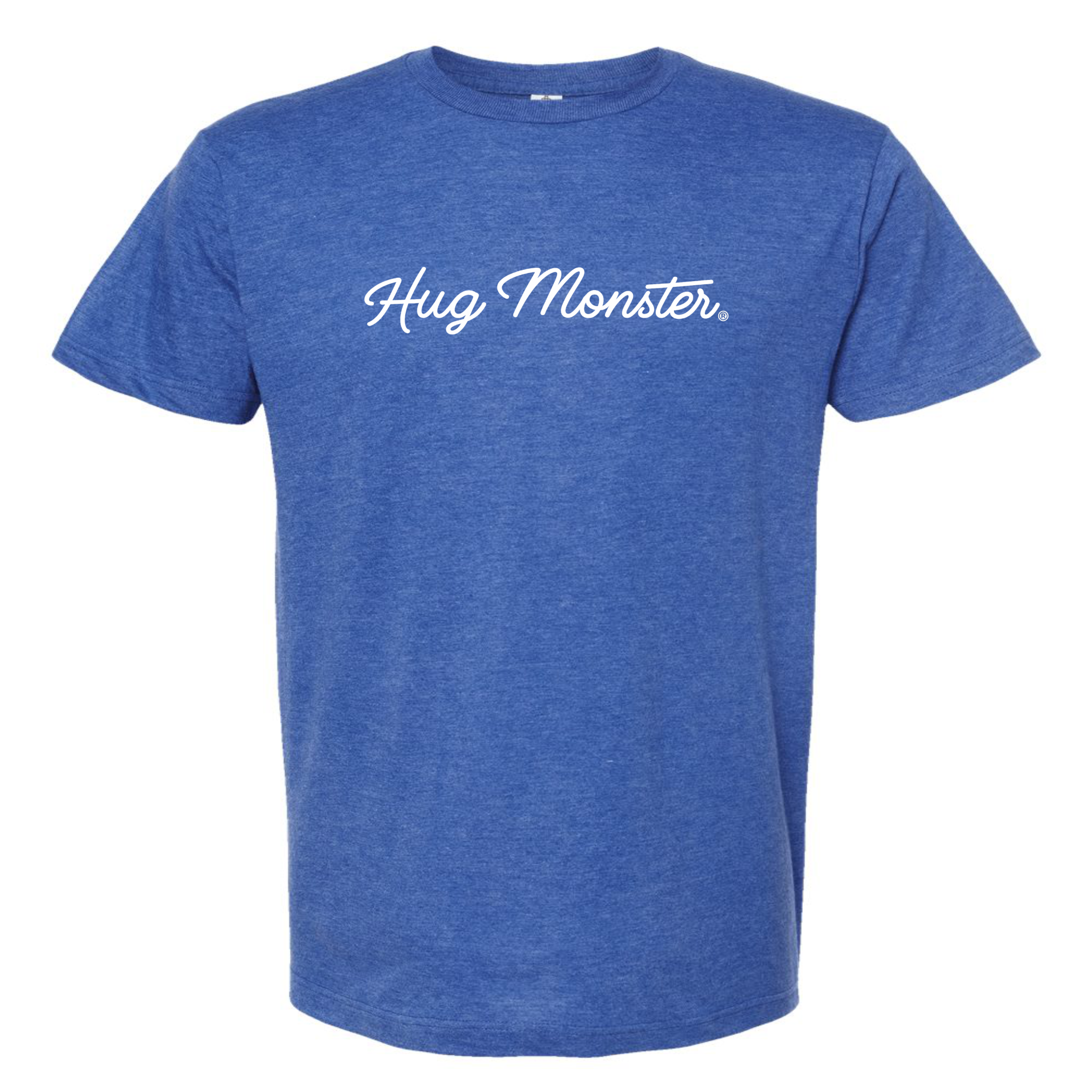Hug Monster Classic White Cursive T-Shirt - Positive Message Graphic Tee in Heather Royal Blue – Front View
