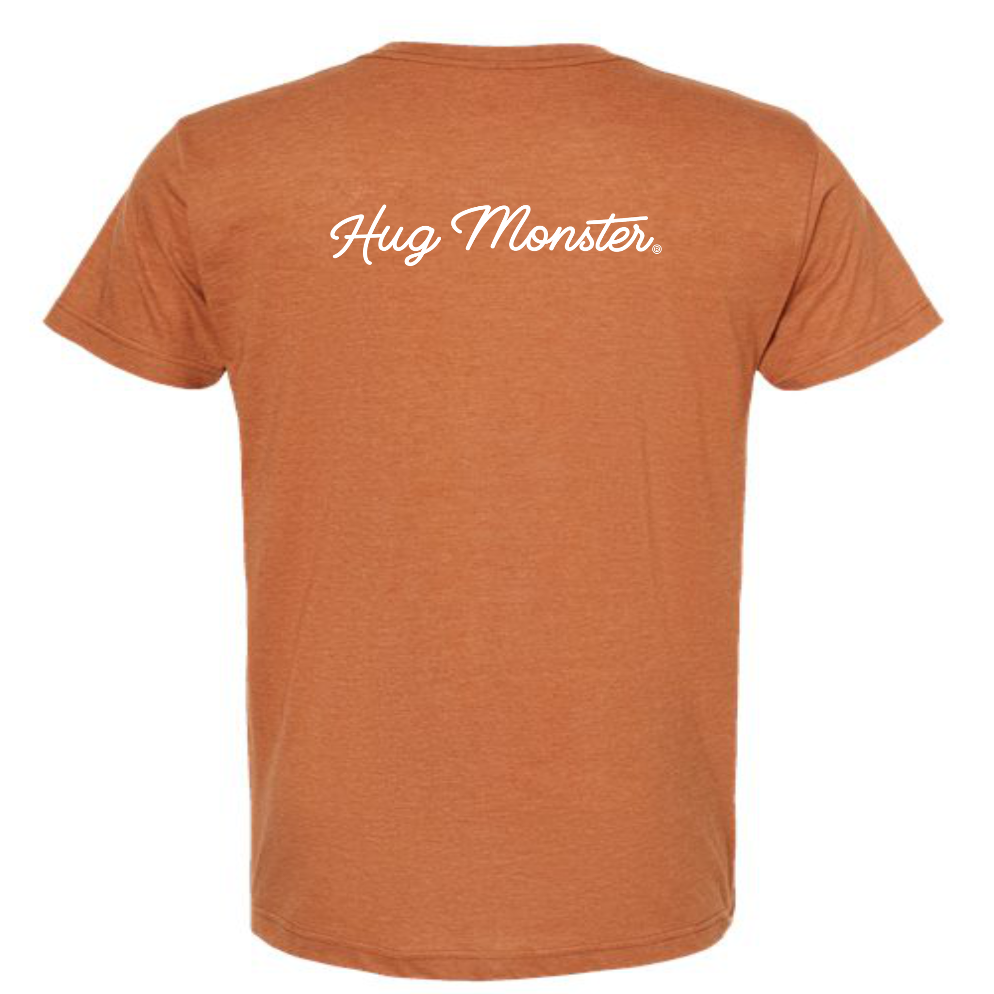 Hug Monster Classic White Cursive T-Shirt - Positive Message Graphic Tee in Heather Rust – Back View