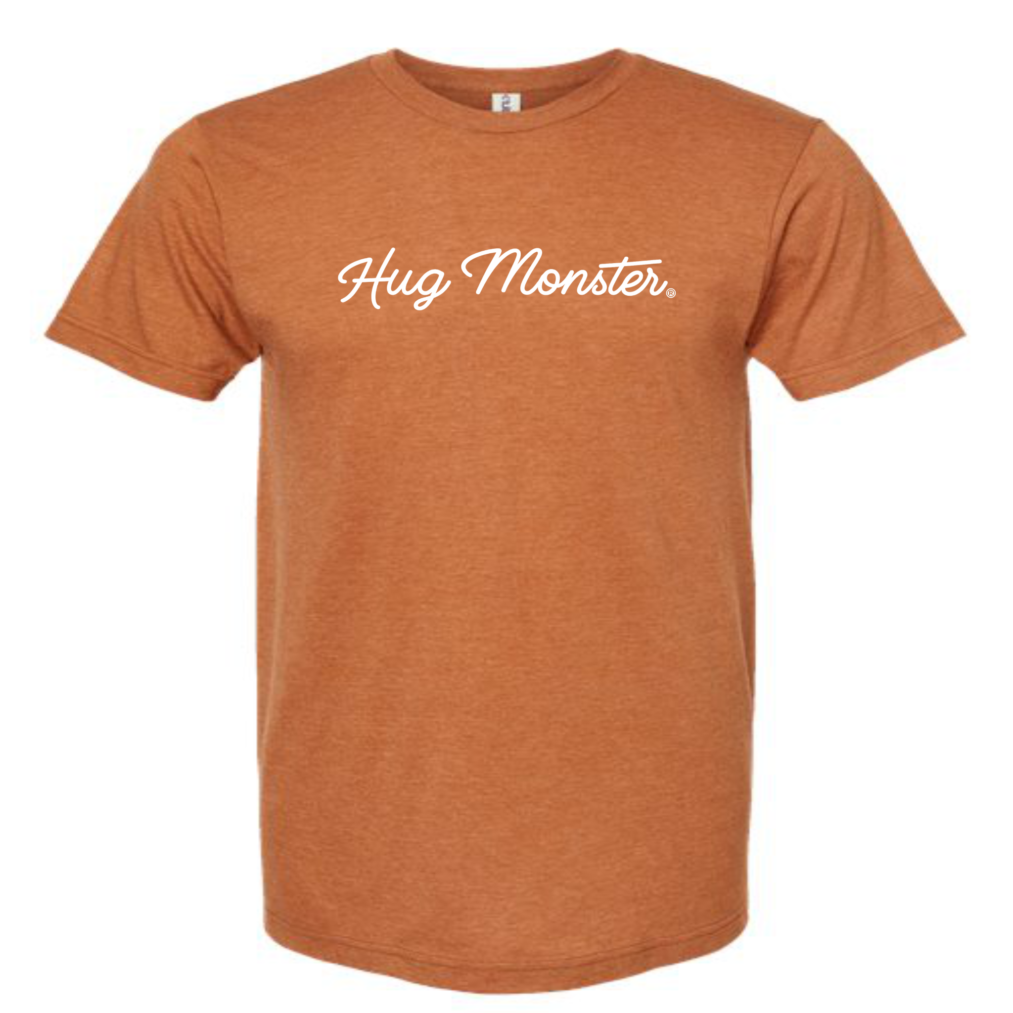 Hug Monster Classic White Cursive T-Shirt - Positive Message Graphic Tee in Heather Rust – Front View