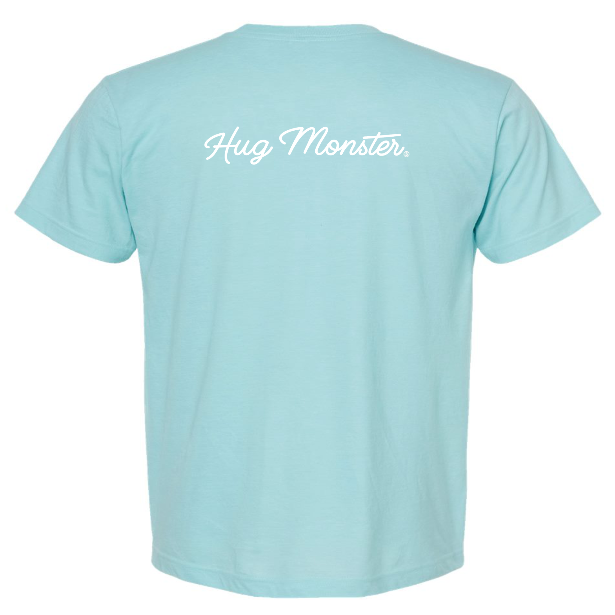 Hug Monster Classic White Cursive T-Shirt - Positive Message Graphic Tee in Heather Turquoise – Back View