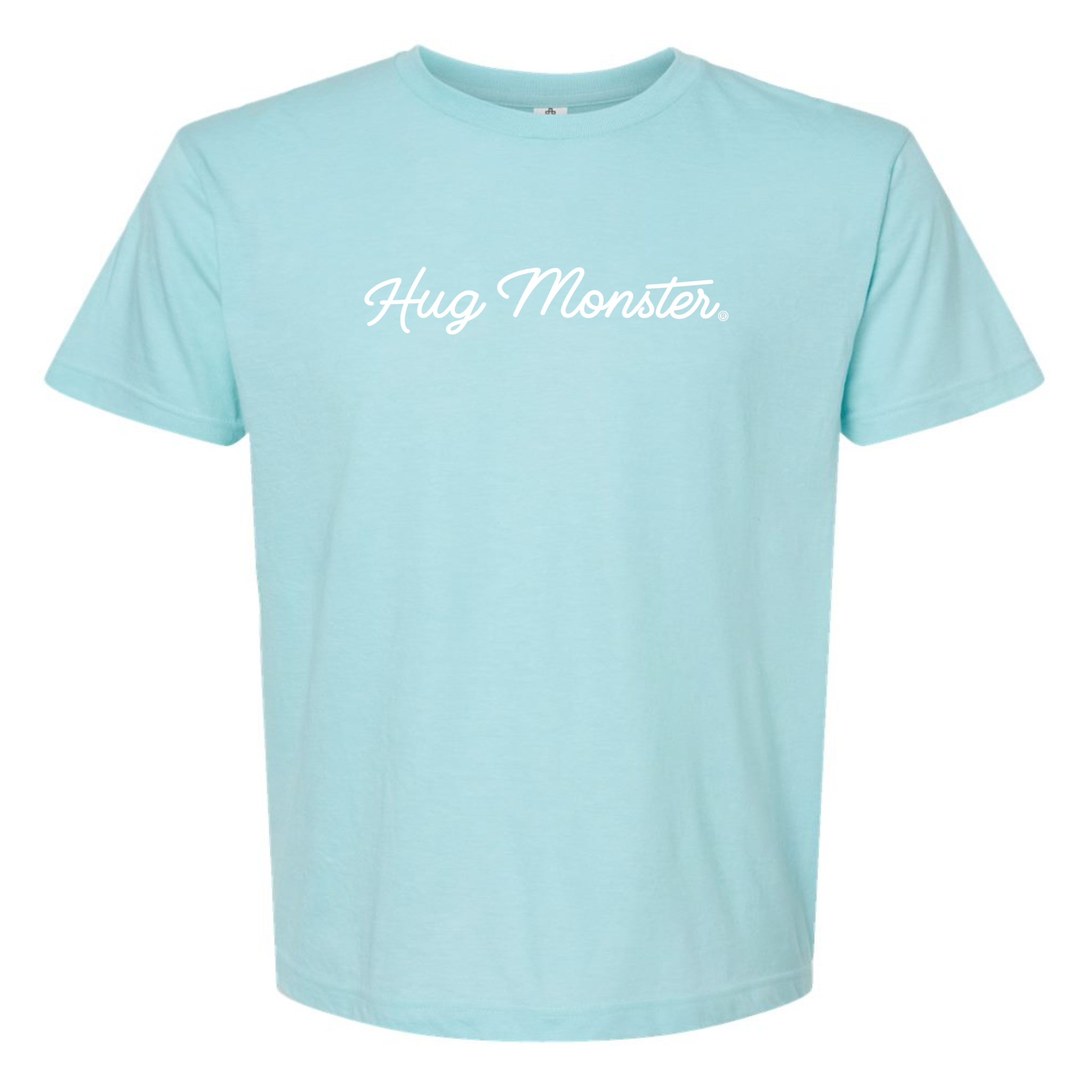 Hug Monster Classic White Cursive T-Shirt - Positive Message Graphic Tee in Heather Turquoise – Front View