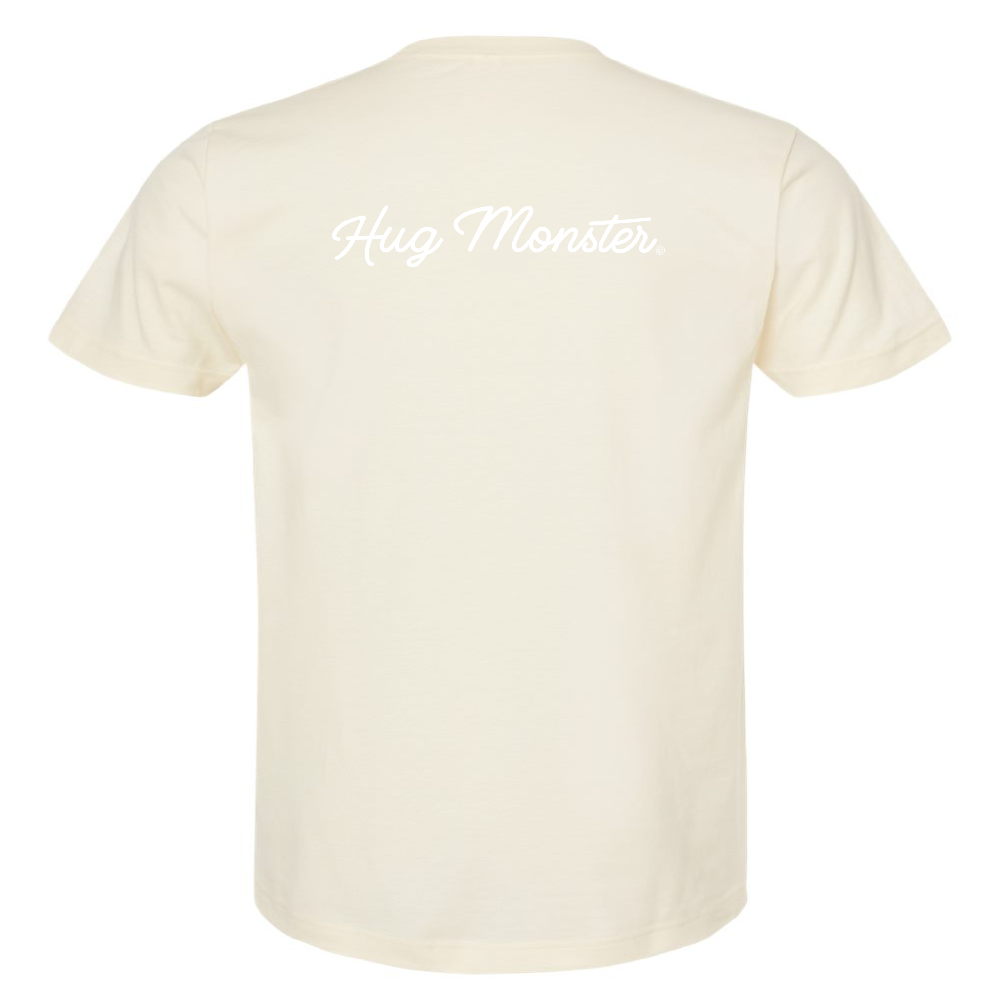 Hug Monster Classic White Cursive T-Shirt - Positive Message Graphic Tee in Natural – Back View