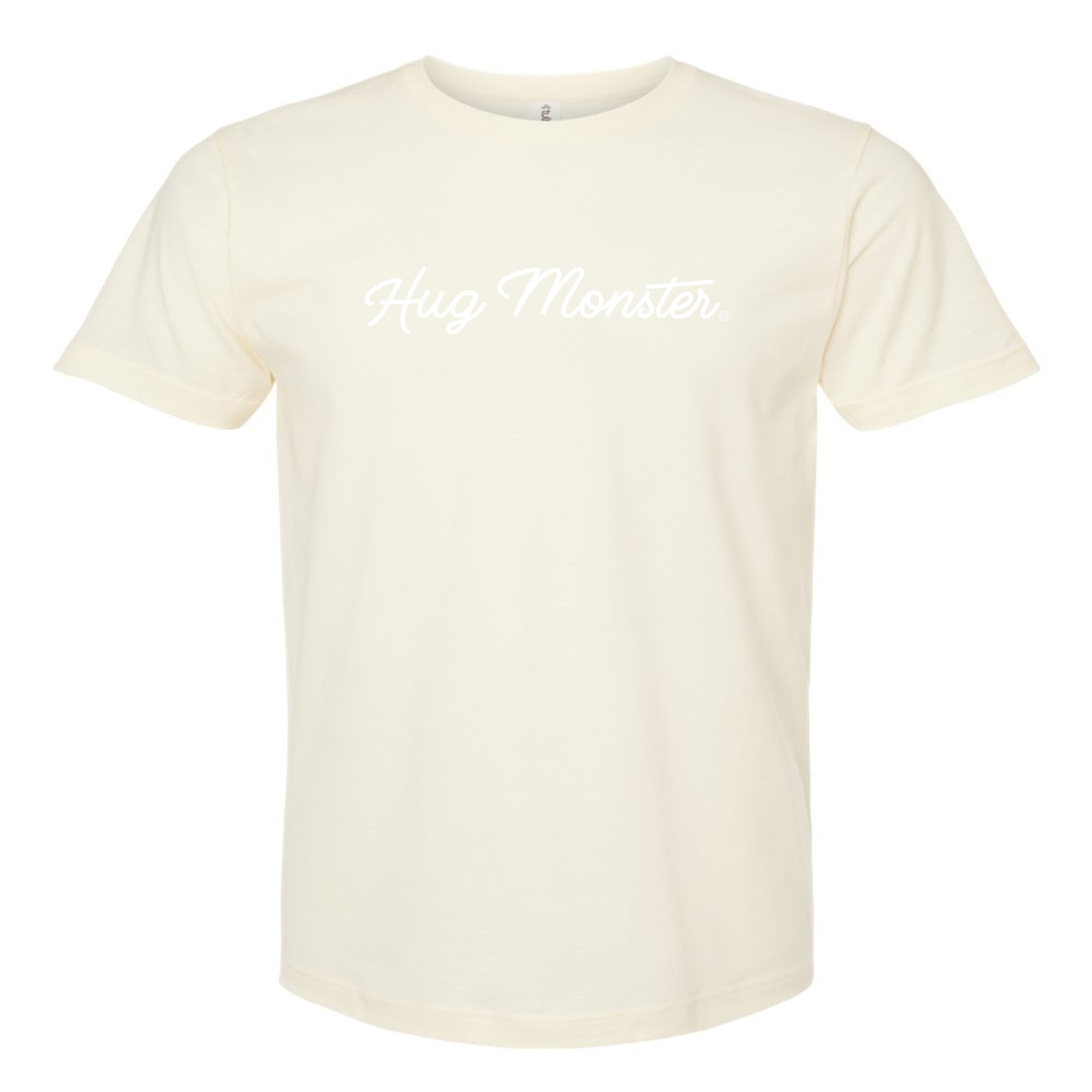 Hug Monster Classic White Cursive T-Shirt - Positive Message Graphic Tee in Natural – Front View