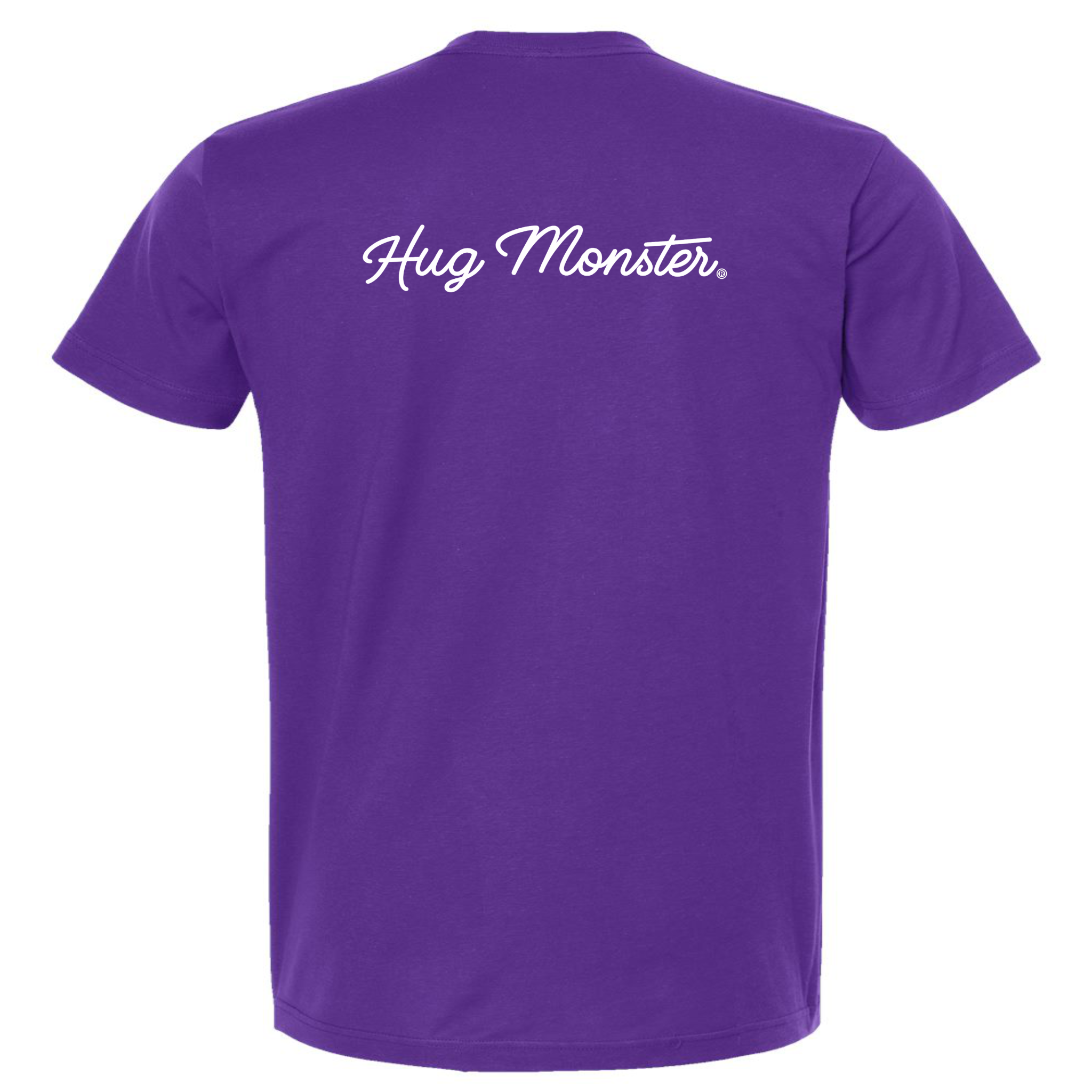 Hug Monster Classic White Cursive T-Shirt - Positive Message Graphic Tee in Purple – Back View