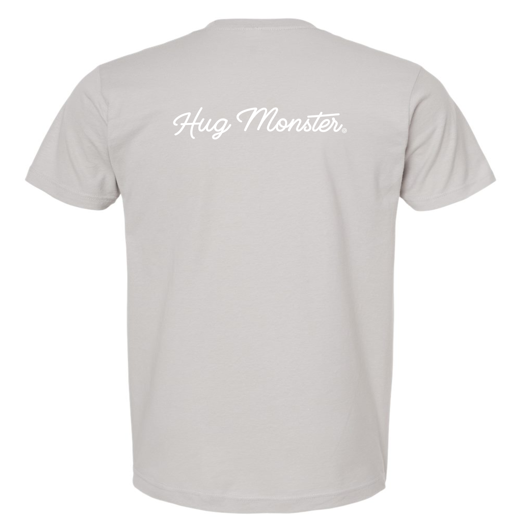 Hug Monster Classic White Cursive T-Shirt - Positive Message Graphic Tee in Silver – Back View