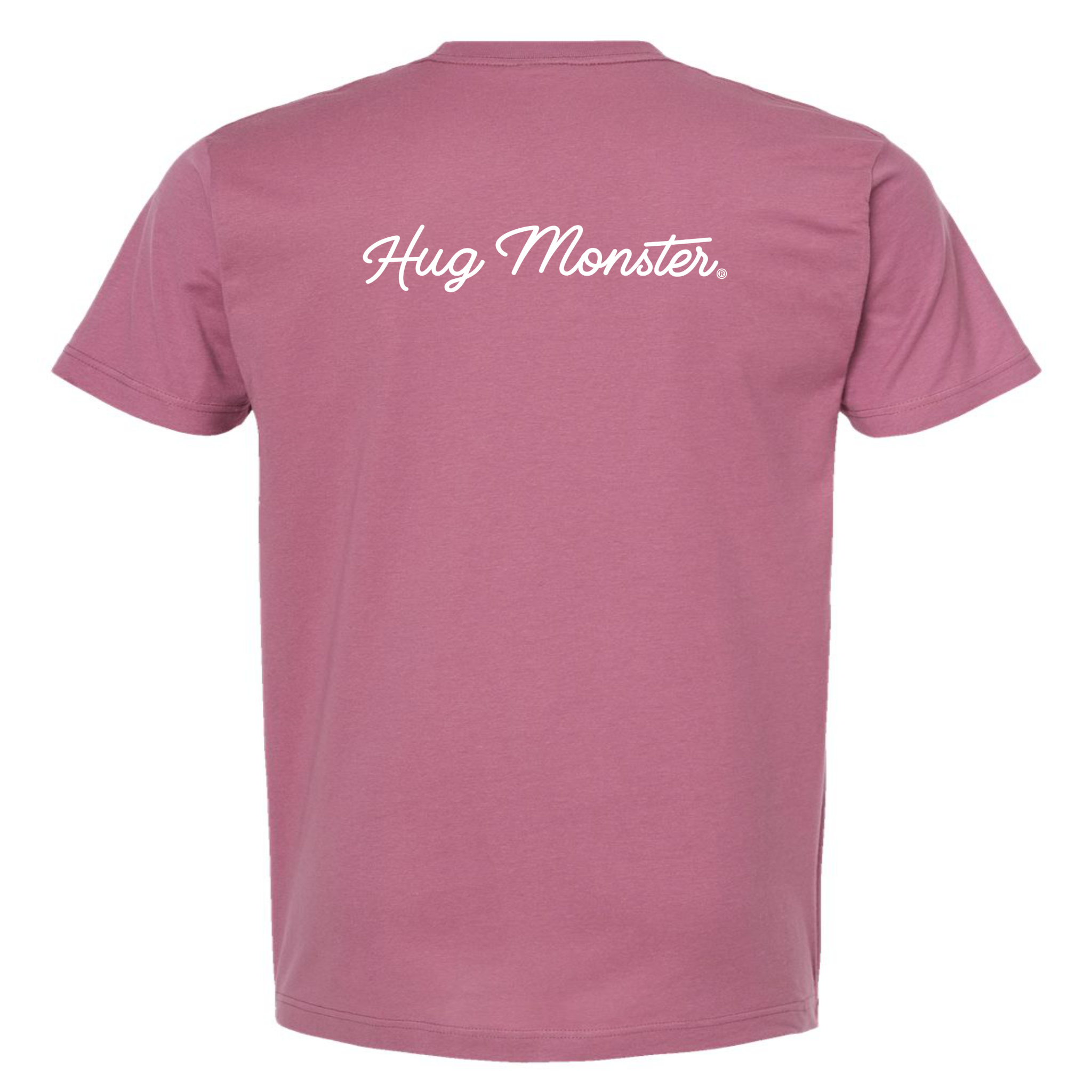 Hug Monster Classic White Cursive T-Shirt - Positive Message Graphic Tee in Soft Dusty Rose Pink – Back View