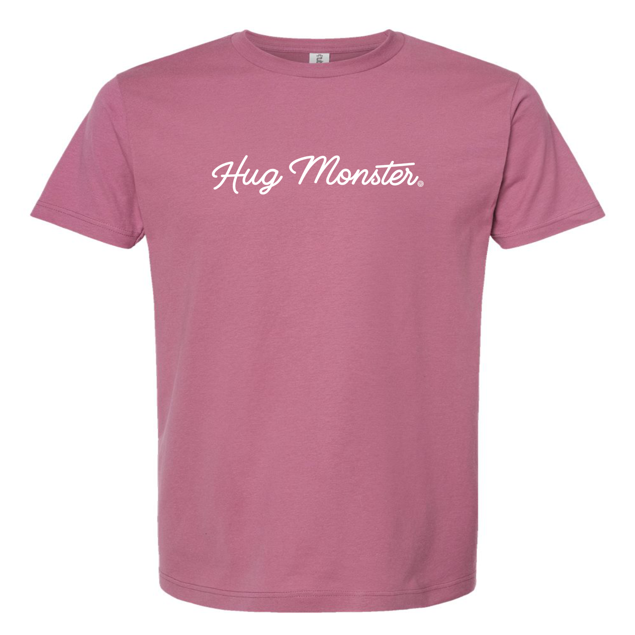 Hug Monster Classic White Cursive T-Shirt - Positive Message Graphic Tee in Soft Dusty Rose Pink – Front View