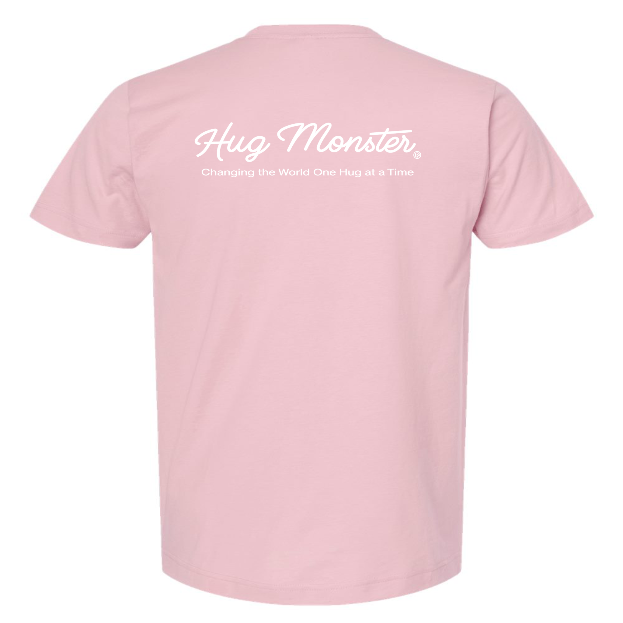 Hug Monster Classic White Cursive Changing the World One Hug at a Time T-Shirt in Soft Pink – Back View