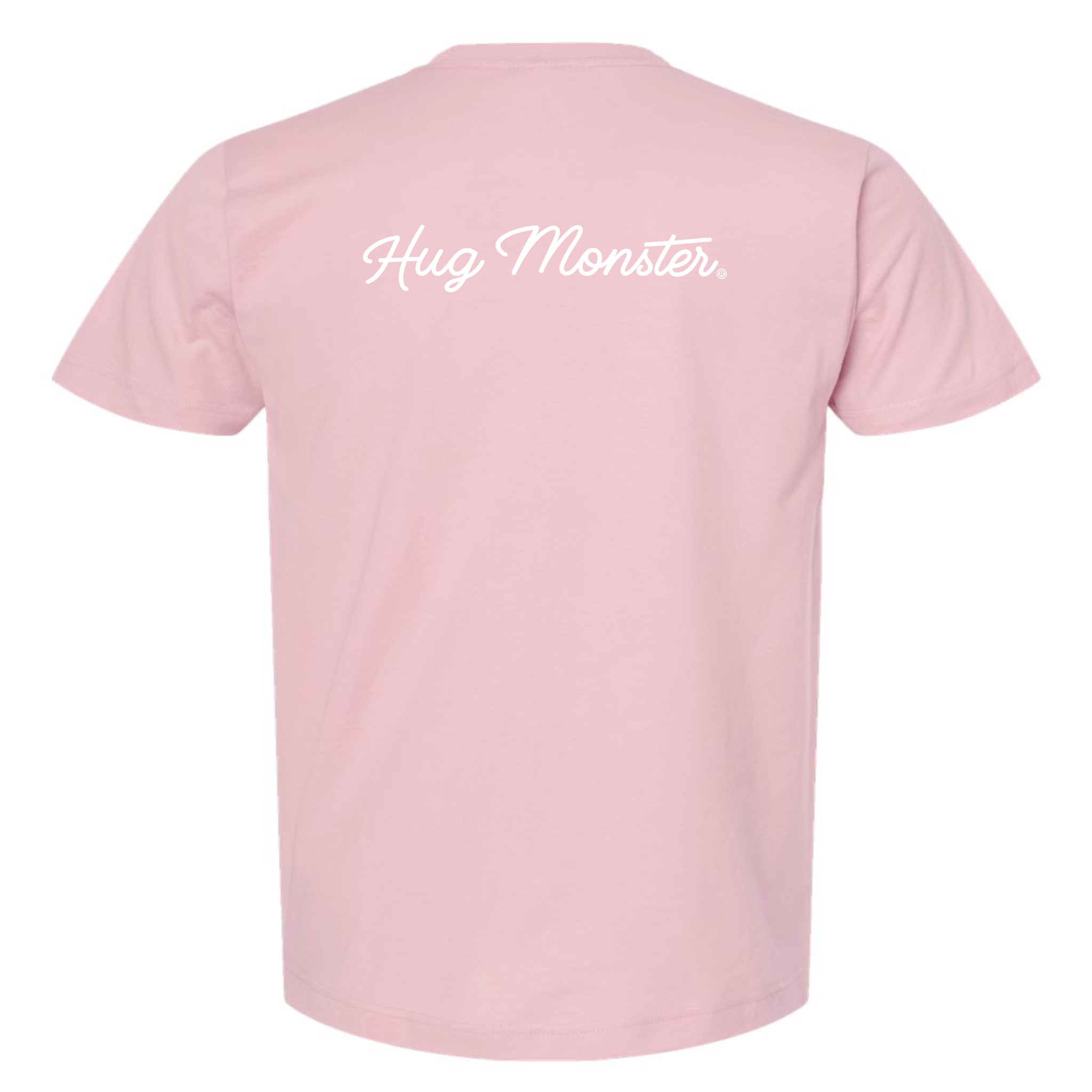 Hug Monster Classic White Cursive T-Shirt - Positive Message Graphic Tee in Soft Pink – Back View