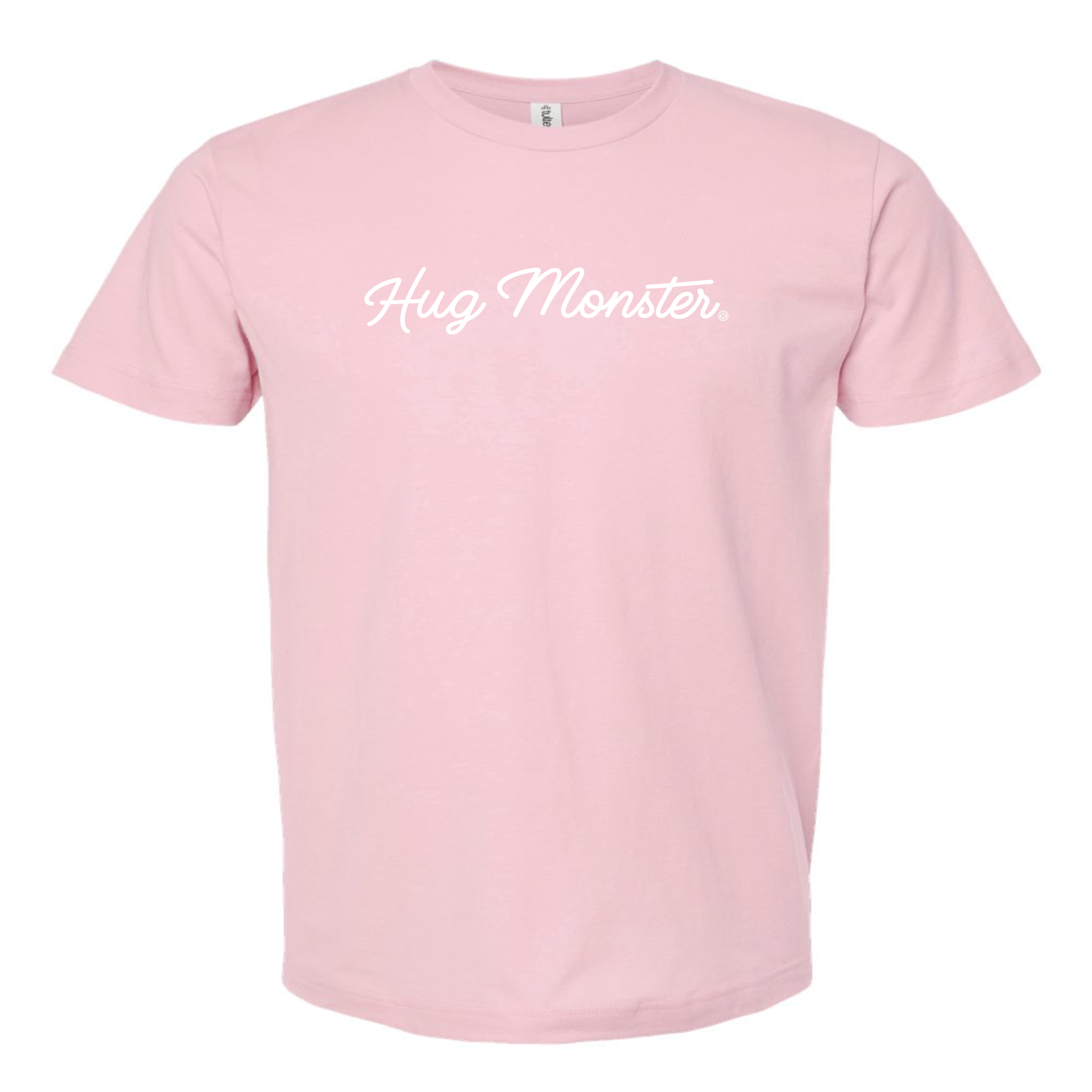 Hug Monster Classic White Cursive Changing the World One Hug at a Time T-Shirt in Soft Pink – Front View