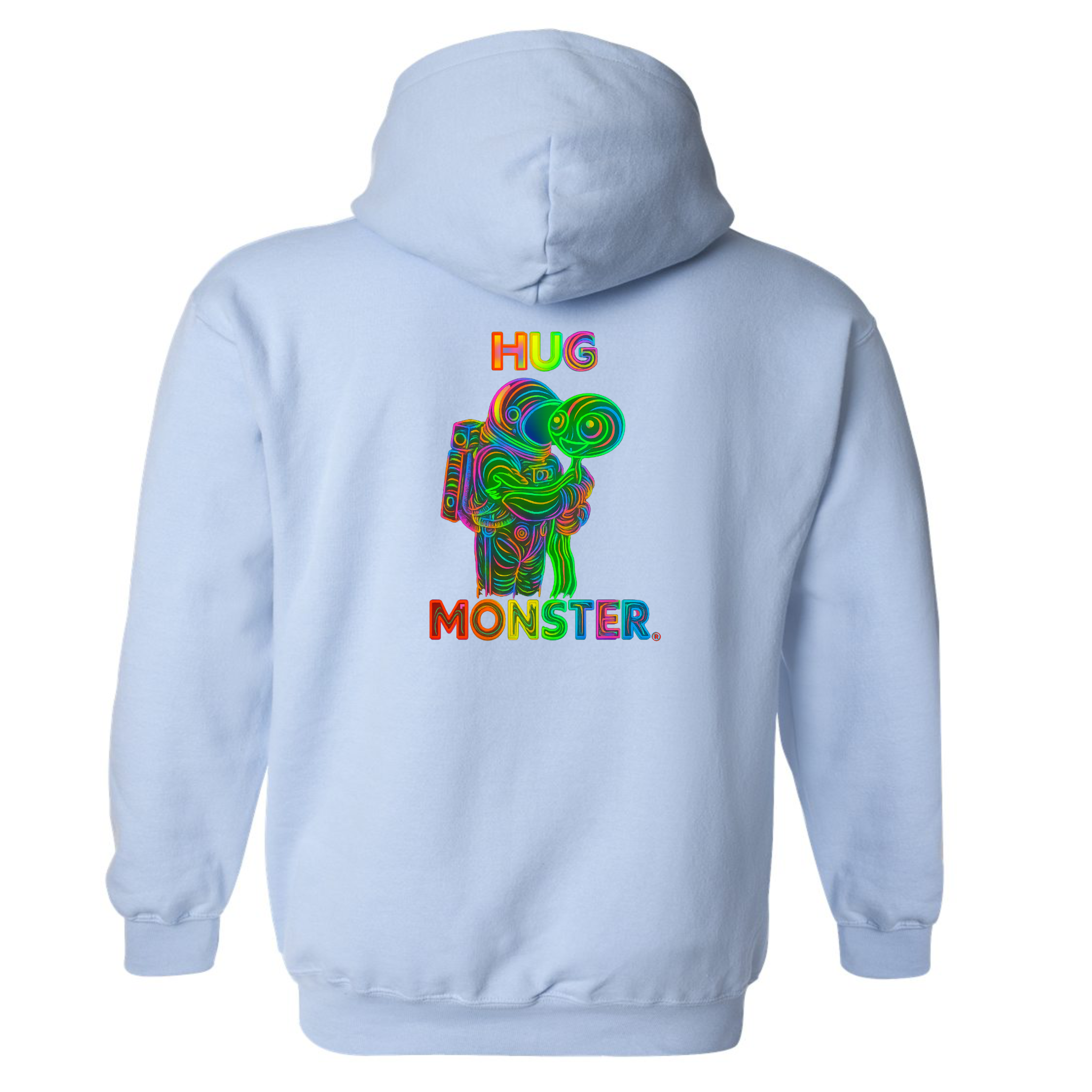 Hug Monster Digital Rainbow Chaos Astronaut and Alien Hug graphic hoodie in Baby Blue cozy fleece positive message sweatshirt