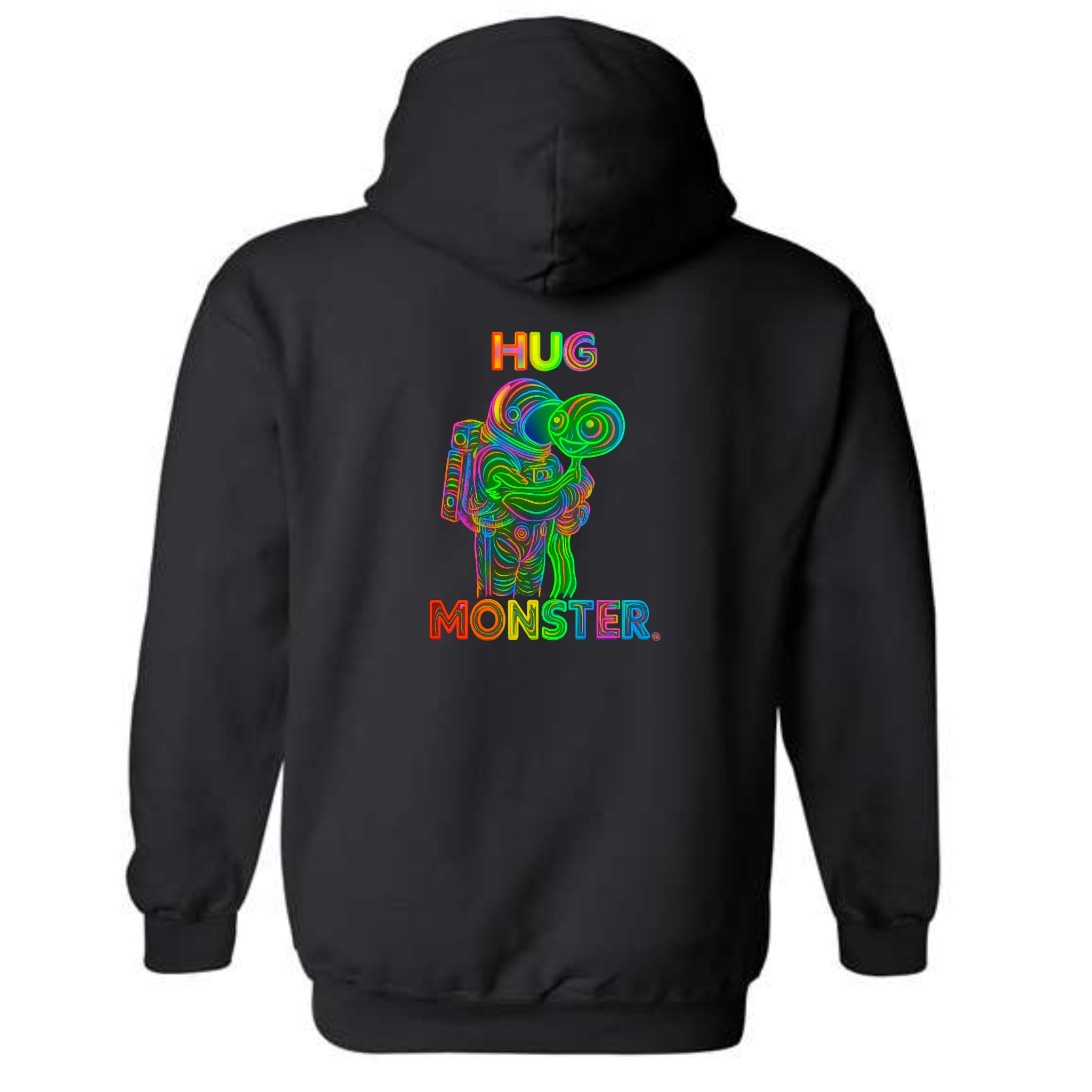 Hug Monster Digital Rainbow Chaos Astronaut and Alien Hug graphic hoodie in Black cozy fleece positive message sweatshirt