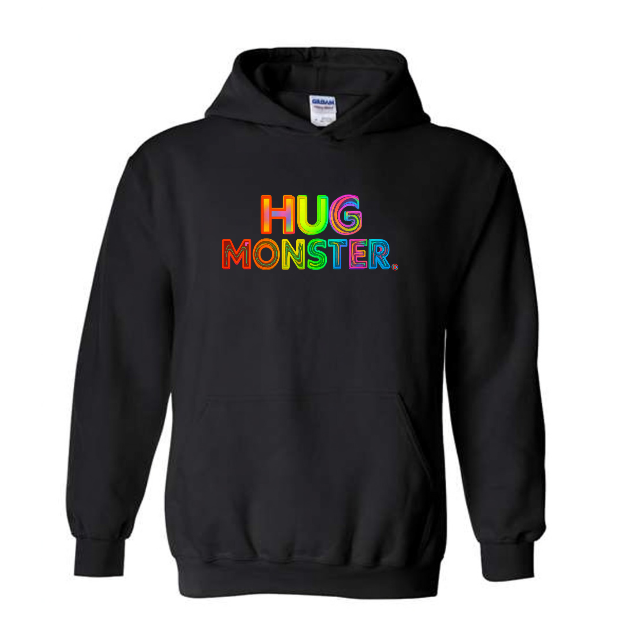 Hug Monster Digital Rainbow Chaos Astronaut and Alien Hug graphic hoodie in Black cozy fleece positive message sweatshirt