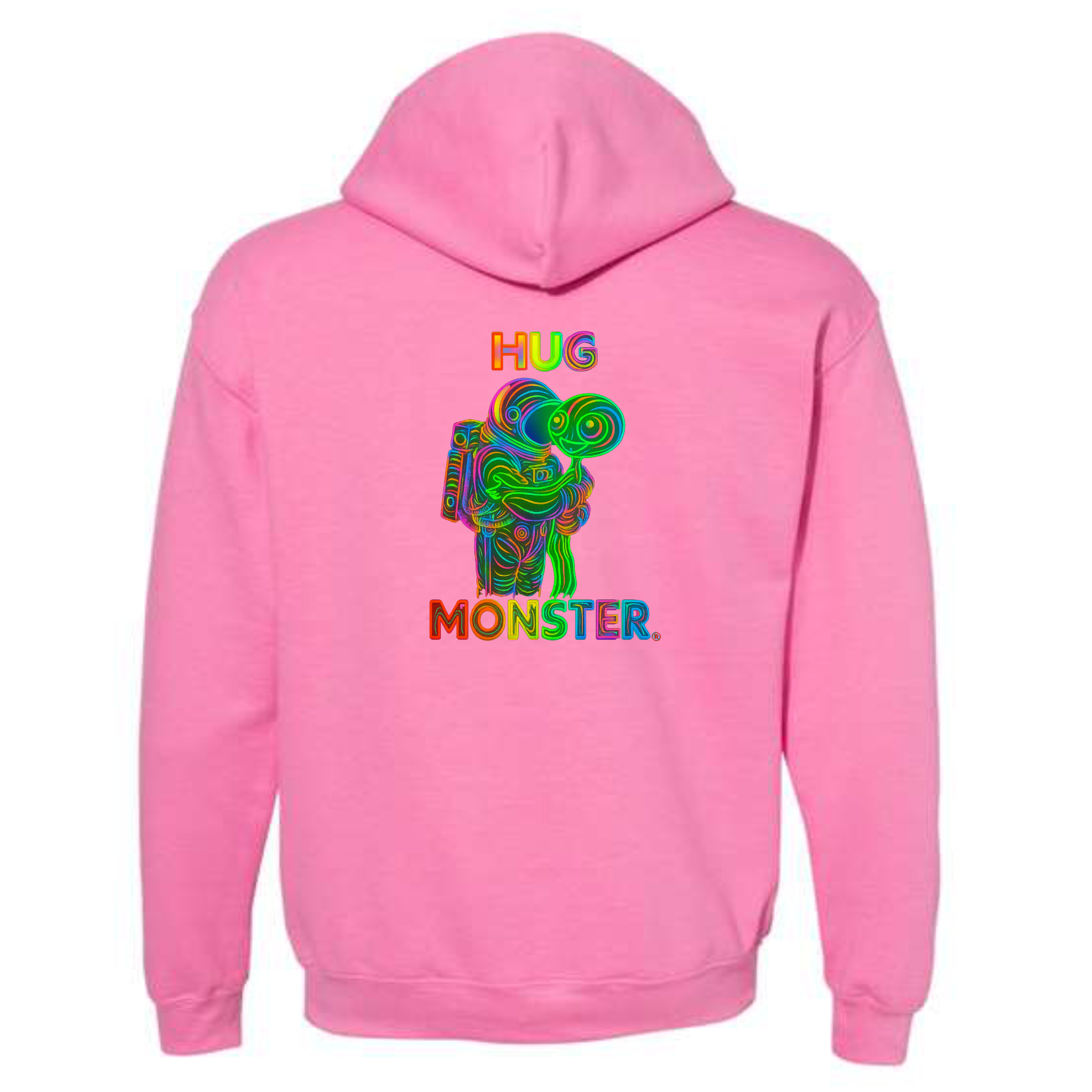 Hug Monster Digital Rainbow Chaos Astronaut and Alien Hug graphic hoodie in Bright Soft Rose Pink cozy fleece positive message sweatshirt