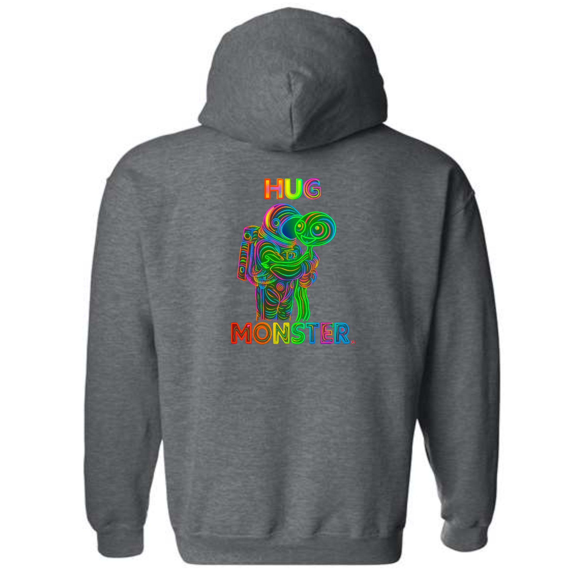 Hug Monster Digital Rainbow Chaos Astronaut and Alien Hug graphic hoodie in Dark Heather Grey cozy fleece positive message sweatshirt