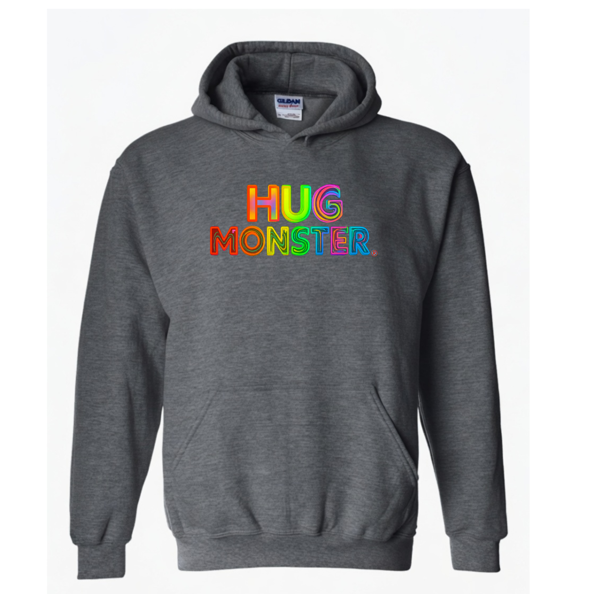 Hug Monster Digital Rainbow Chaos Astronaut and Alien Hug graphic hoodie in Dark Heather Grey cozy fleece positive message sweatshirt