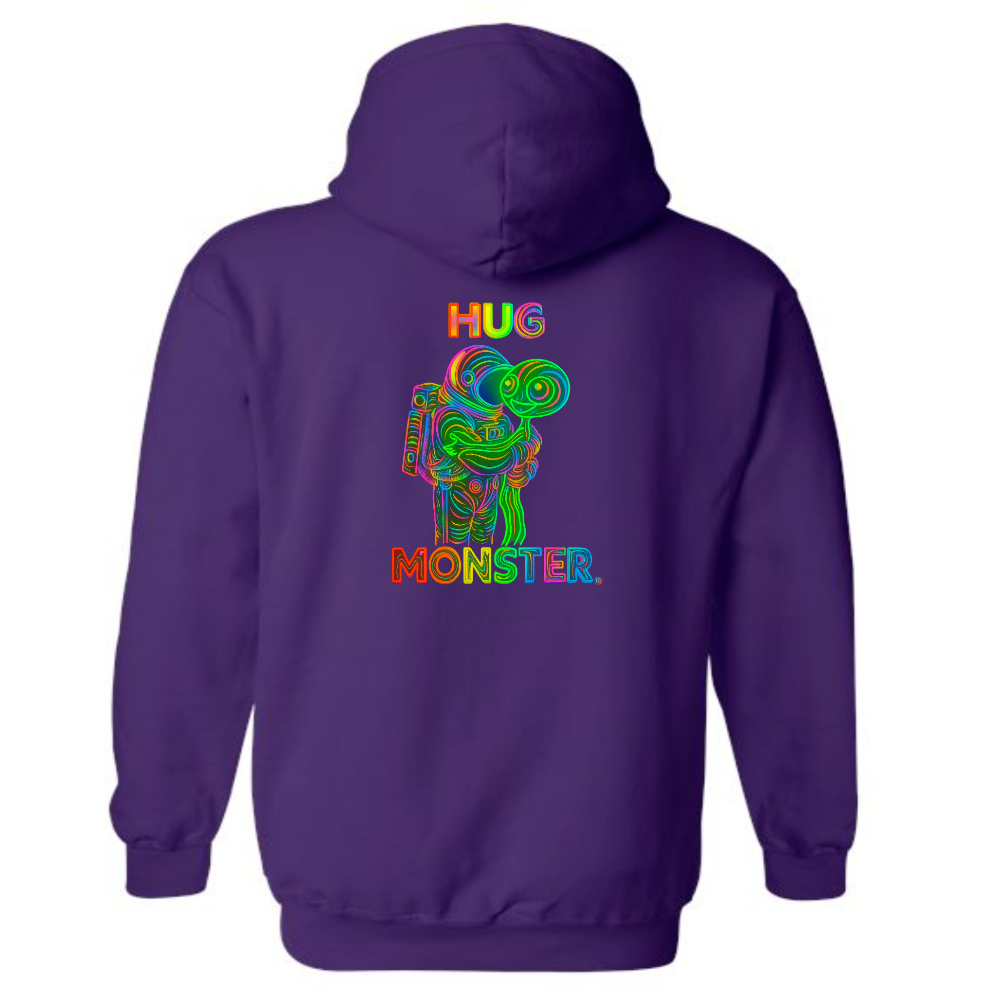 Hug Monster Digital Rainbow Chaos Astronaut and Alien Hug graphic hoodie in Purple cozy fleece positive message sweatshirt