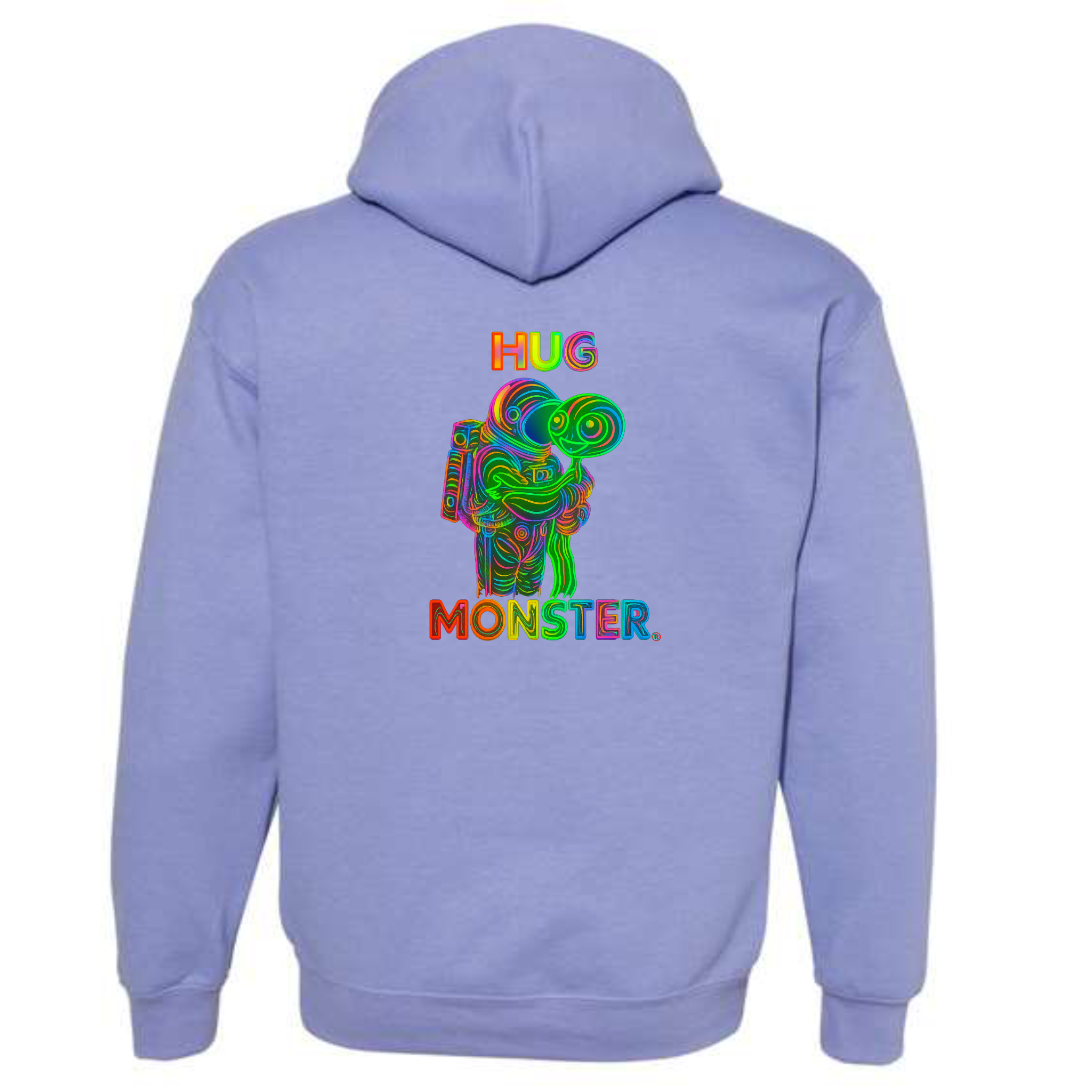 Hug Monster Digital Rainbow Chaos Astronaut and Alien Hug graphic hoodie in Violet cozy fleece positive message sweatshirt