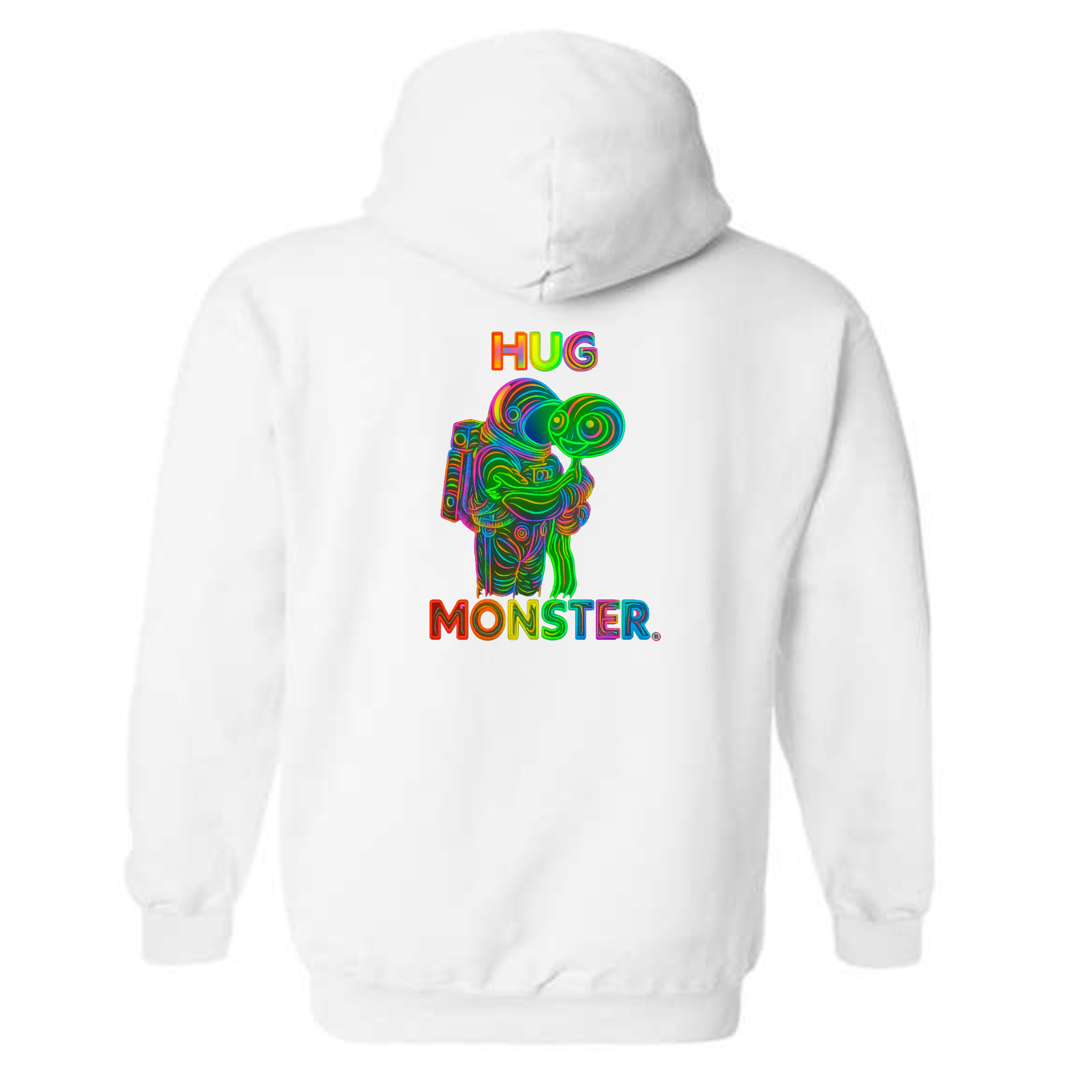 Hug Monster Digital Rainbow Chaos Astronaut and Alien Hug graphic hoodie in White cozy fleece positive message sweatshirt