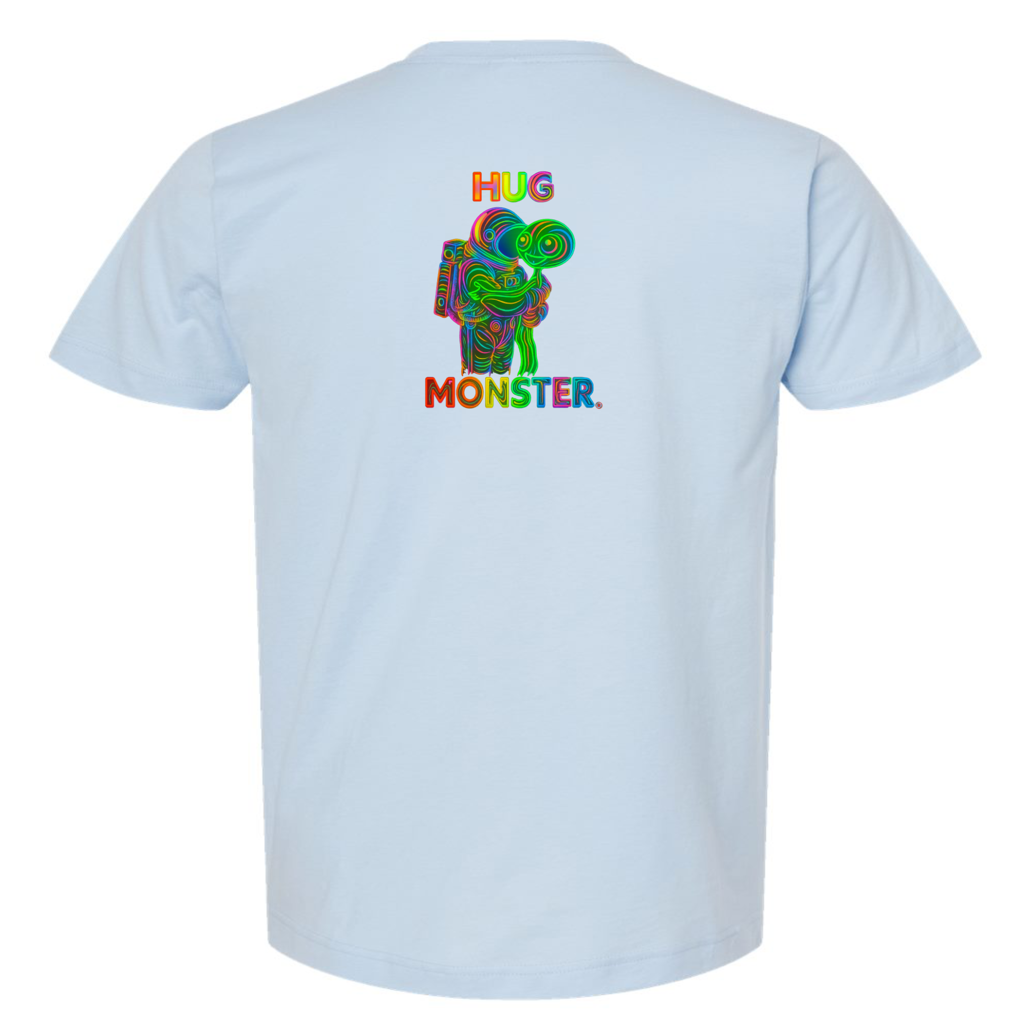 Hug Monster Digital Rainbow Chaos Astronaut and Alien Hug - Positive Message Graphic Tee in Baby Blue – Back View