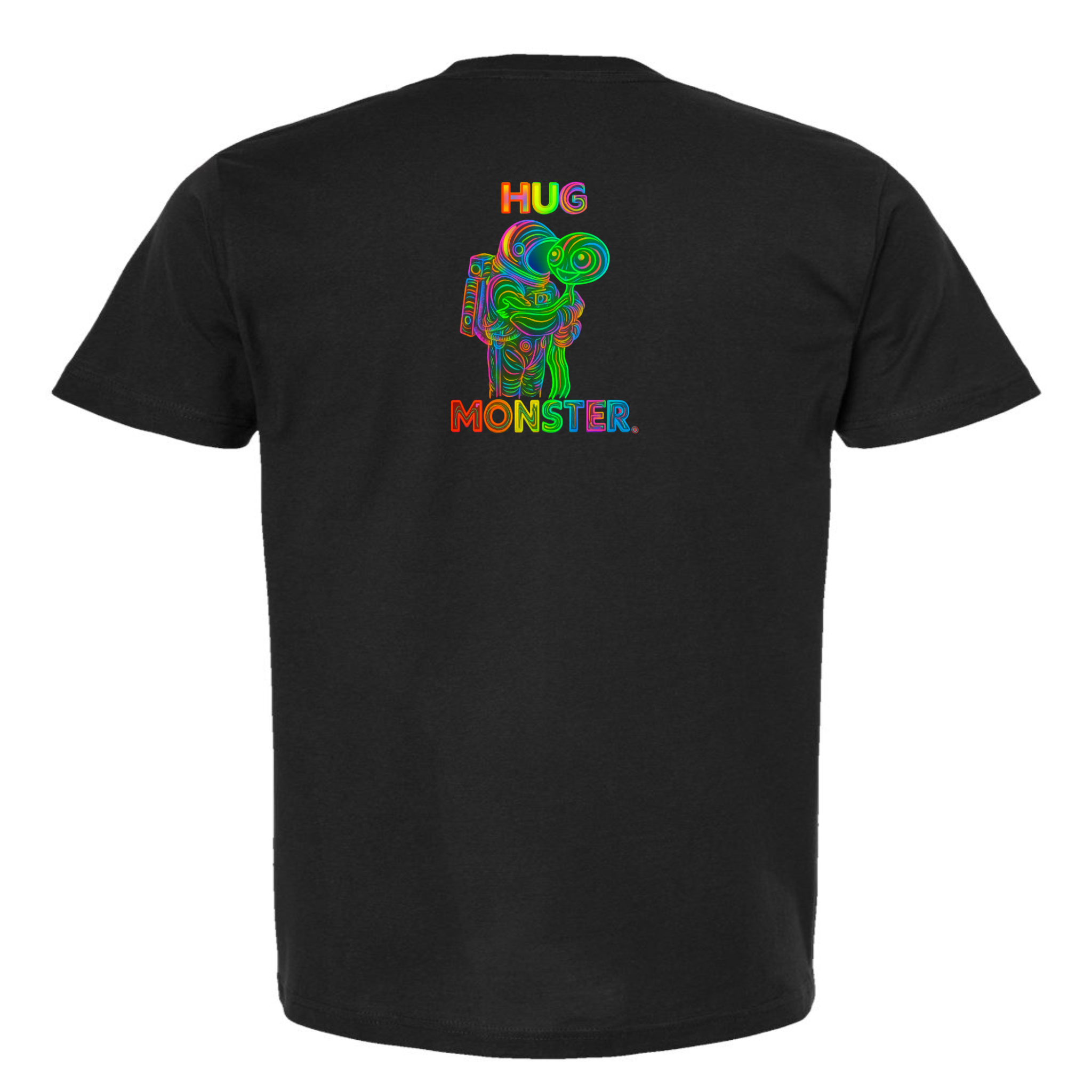 Hug Monster Digital Rainbow Chaos Astronaut and Alien Hug - Positive Message Graphic Tee in Black – Back View