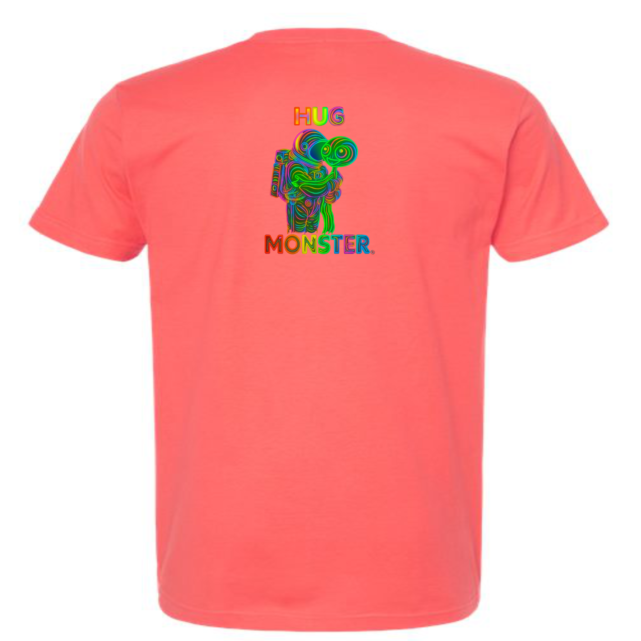Hug Monster Digital Rainbow Chaos Astronaut and Alien Hug - Positive Message Graphic Tee in Bright Coral – Back View