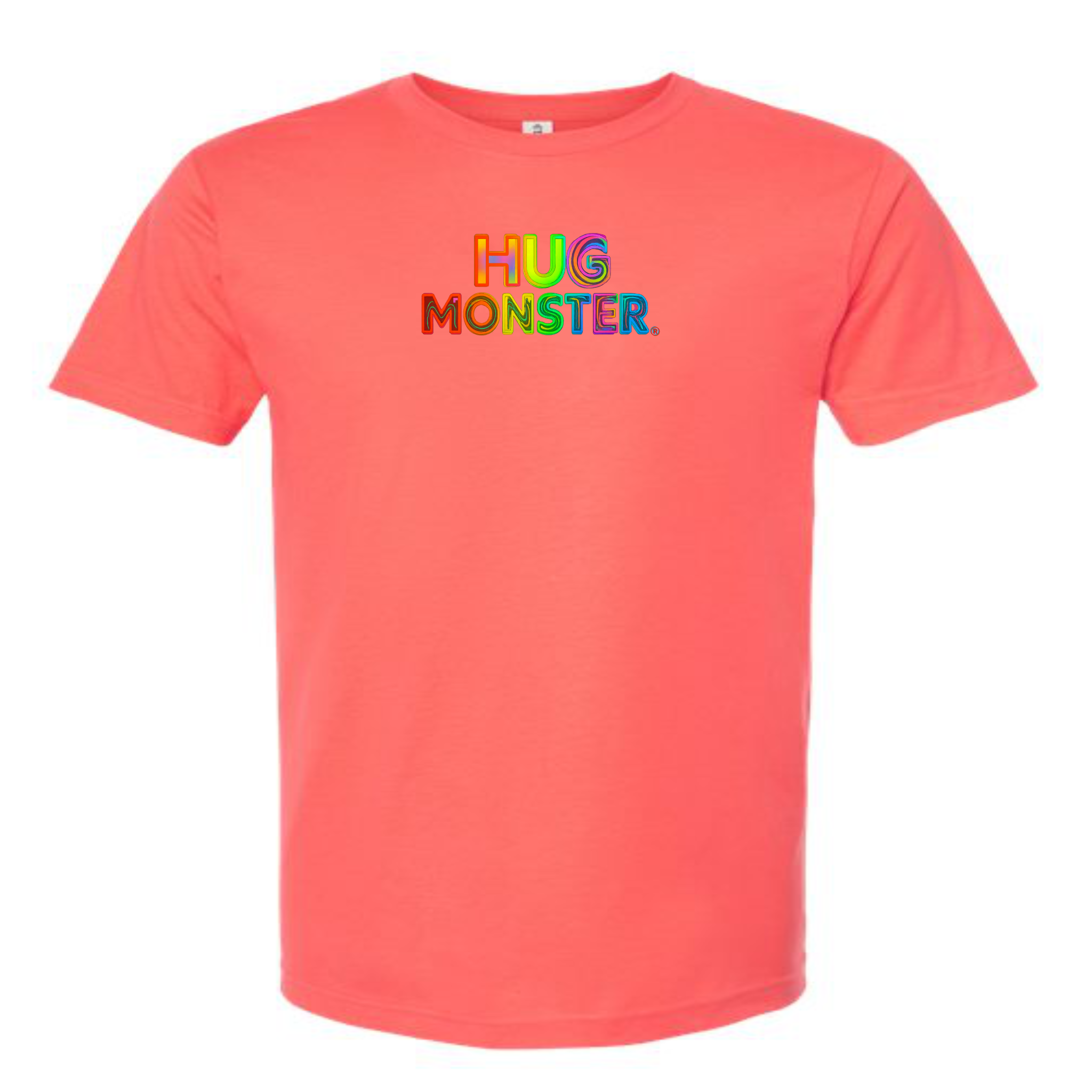 Hug Monster Digital Rainbow Chaos Astronaut and Alien Hug - Positive Message Graphic Tee in Bright Coral – Front View