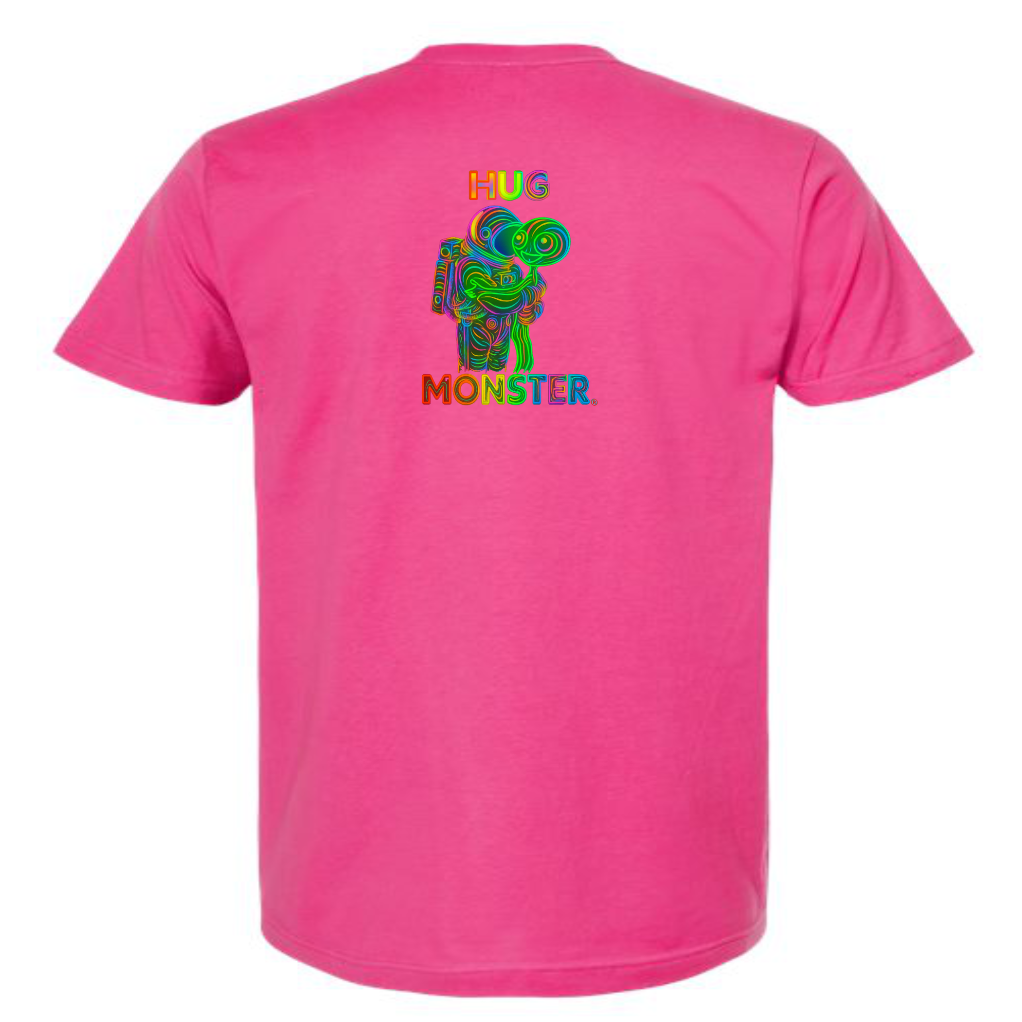 Hug Monster Digital Rainbow Chaos Astronaut and Alien Hug - Positive Message Graphic Tee in Bright Fuscia – Back View