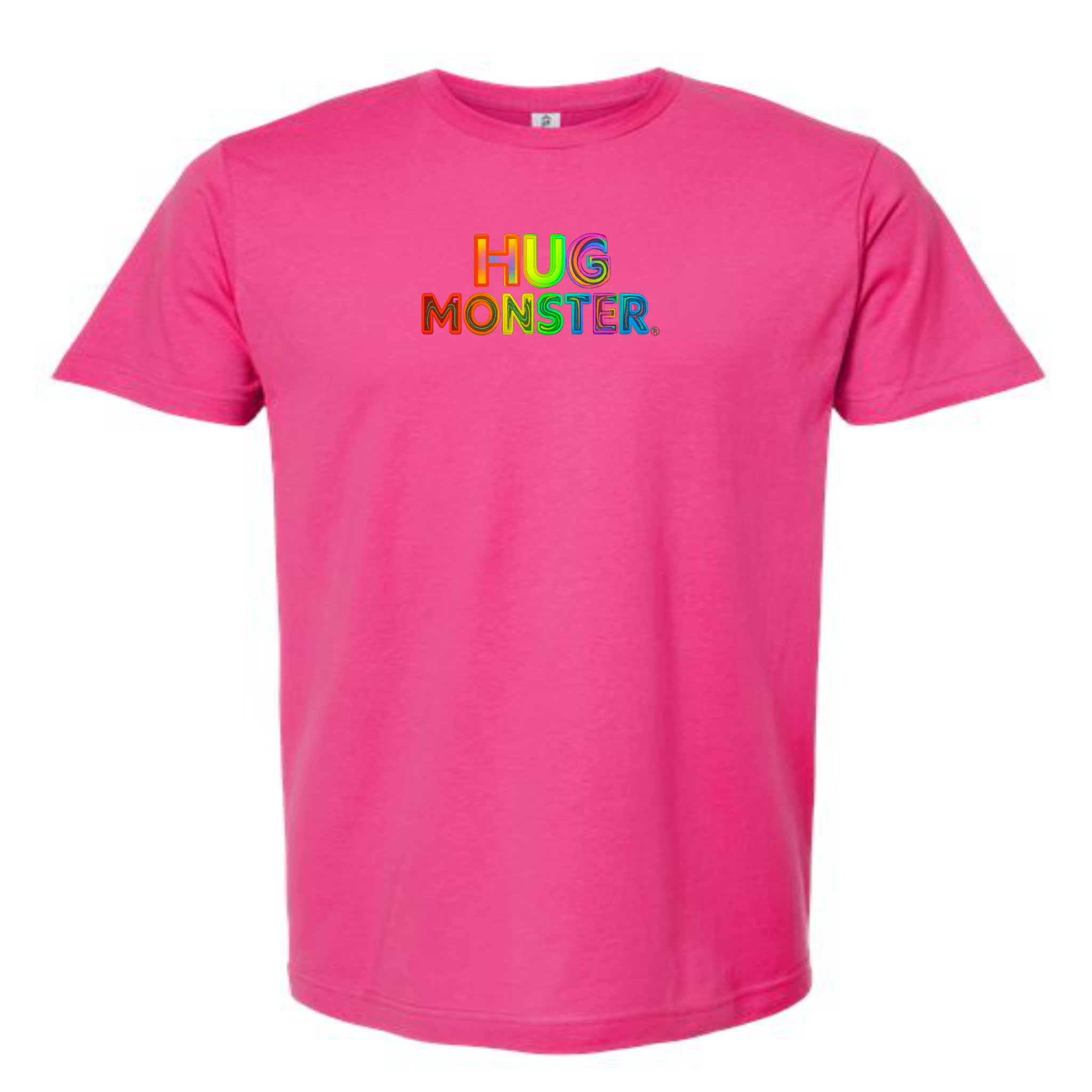 Hug Monster Digital Rainbow Chaos Astronaut and Alien Hug - Positive Message Graphic Tee in Bright Fuscia – Front View