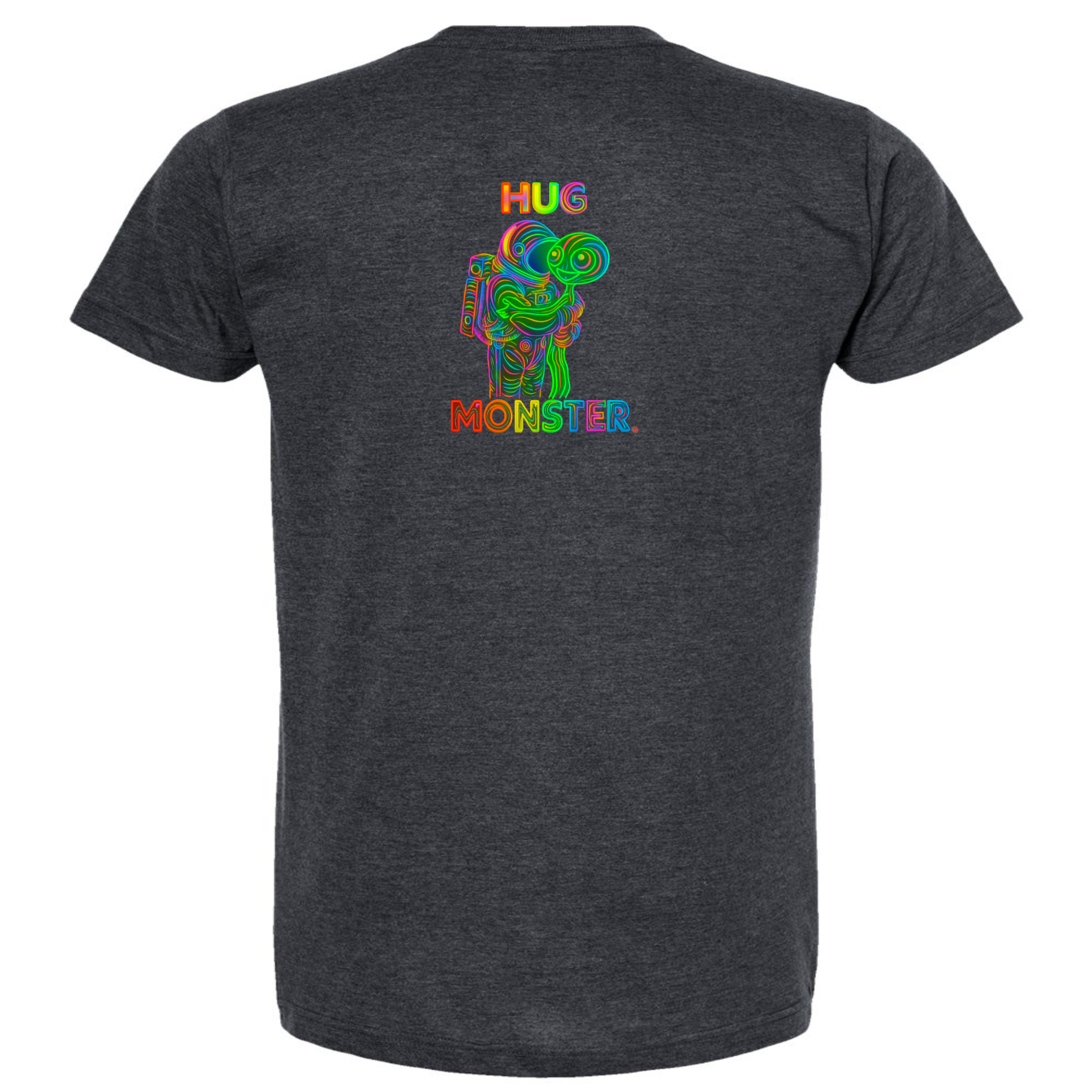 Hug Monster Digital Rainbow Chaos Astronaut and Alien Hug - Positive Message Graphic Tee in Heather Graphite – Back View