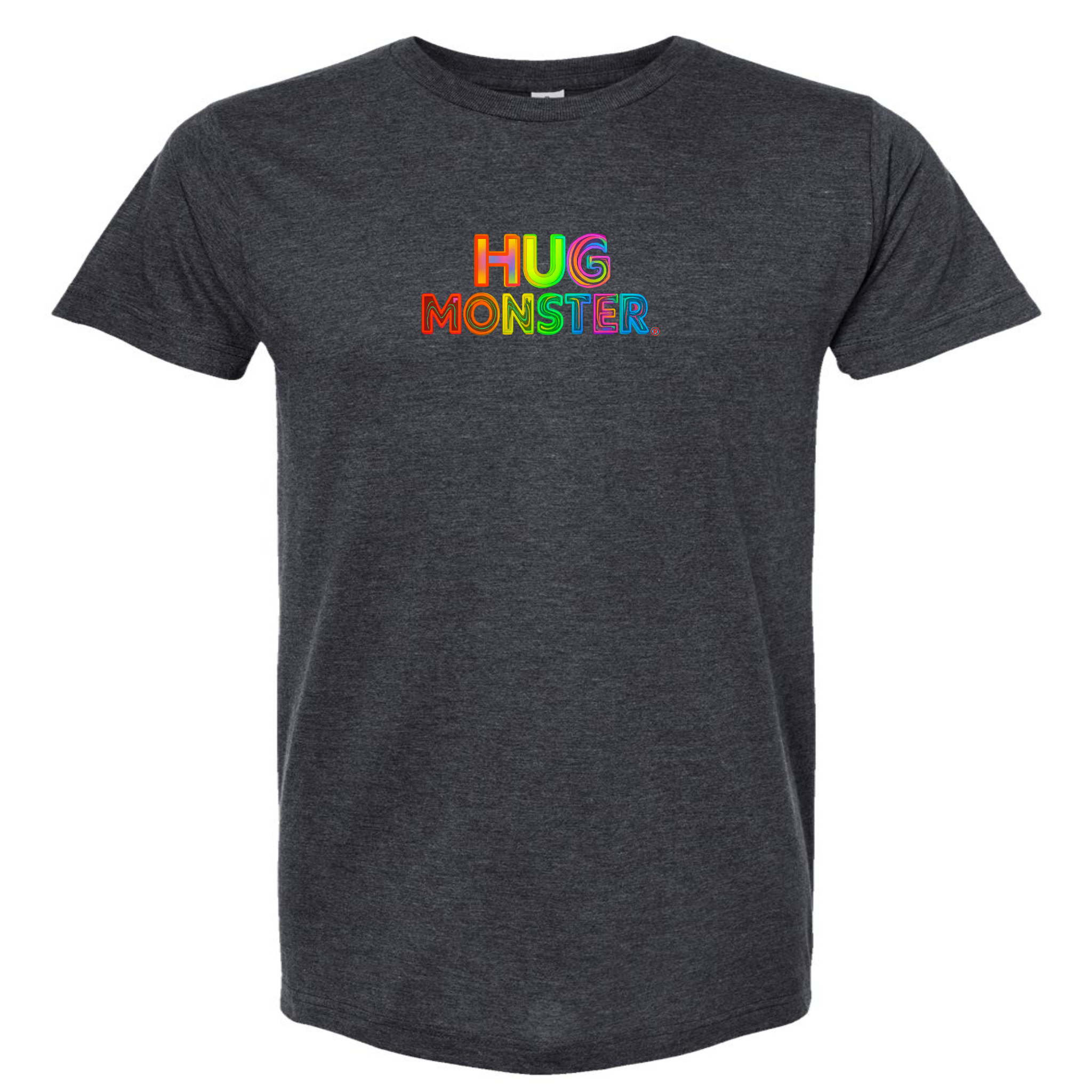 Hug Monster Digital Rainbow Chaos Astronaut and Alien Hug - Positive Message Graphic Tee in Heather Graphite – Front View