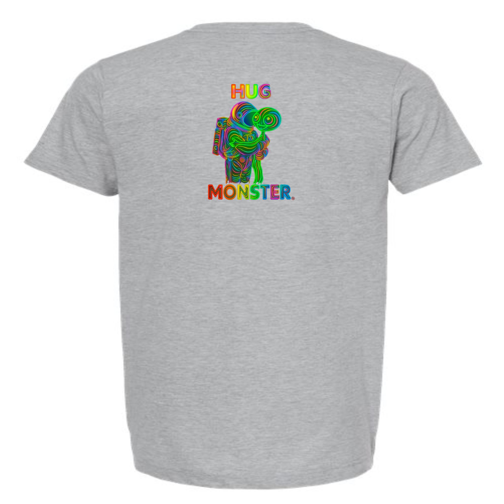 Hug Monster Digital Rainbow Chaos Astronaut and Alien Hug - Positive Message Graphic Tee in Heather Grey – Back View