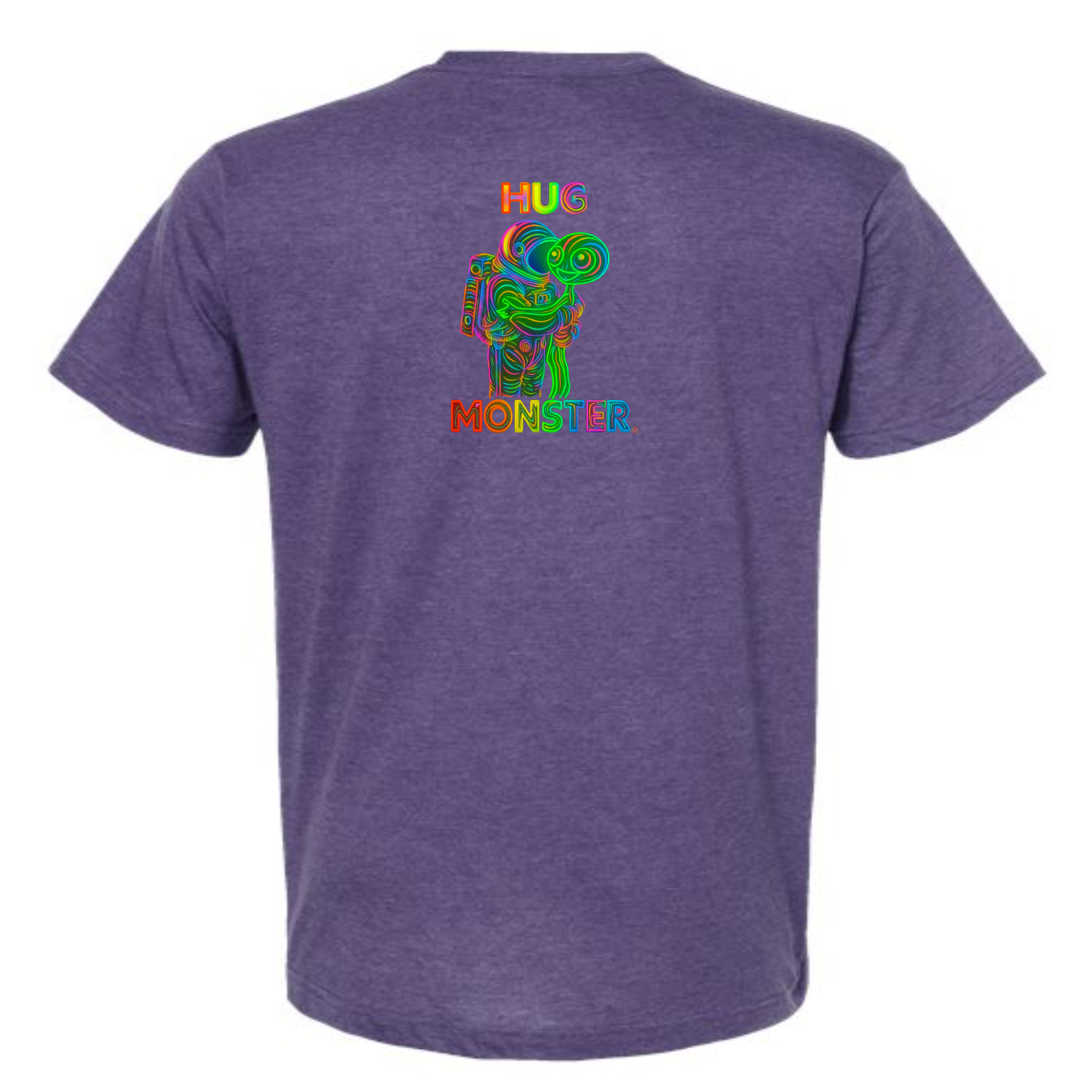 Hug Monster Digital Rainbow Chaos Astronaut and Alien Hug - Positive Message Graphic Tee in Heather Purple – Back View