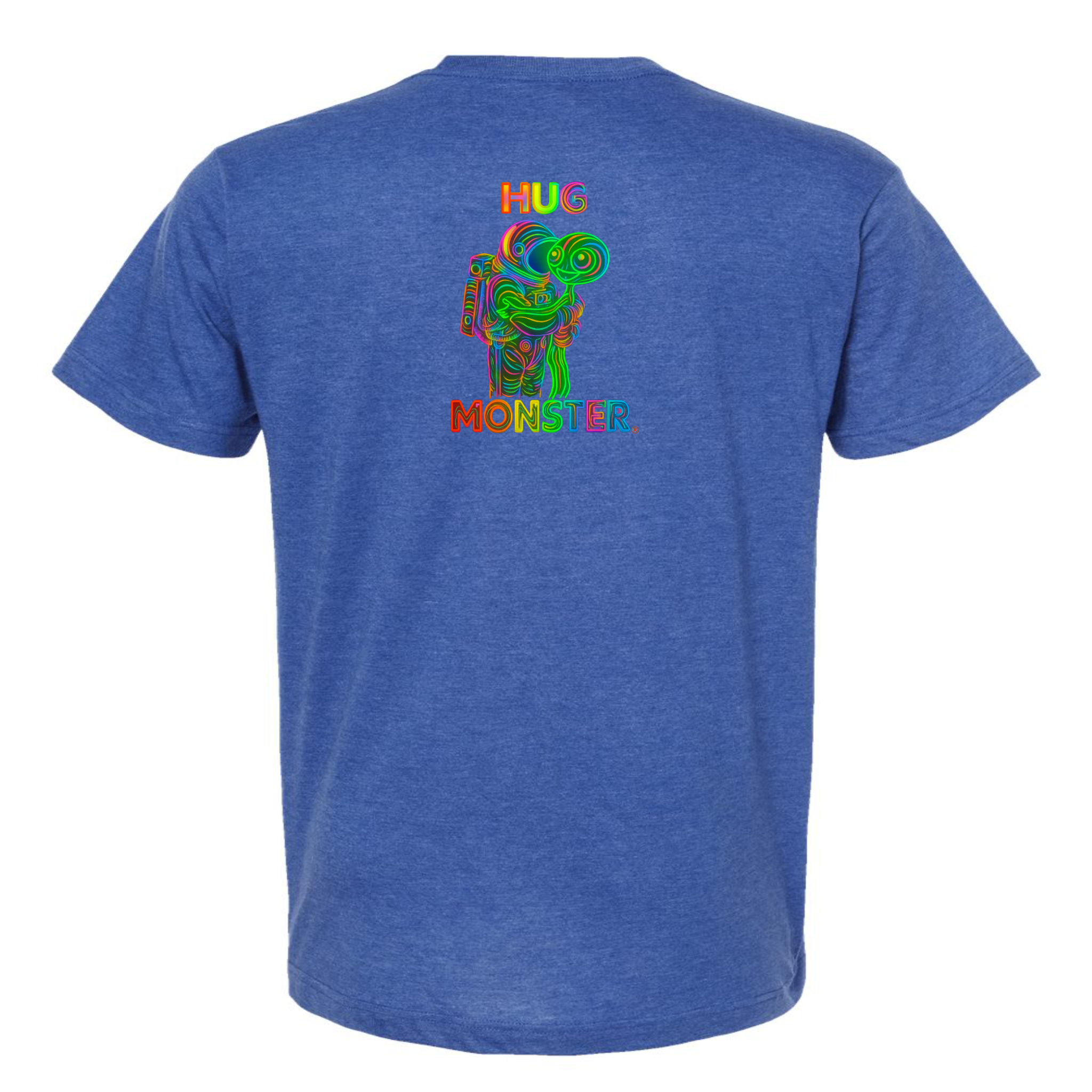 Hug Monster Digital Rainbow Chaos Astronaut and Alien Hug - Positive Message Graphic Tee in Heather Royal Blue – Back View