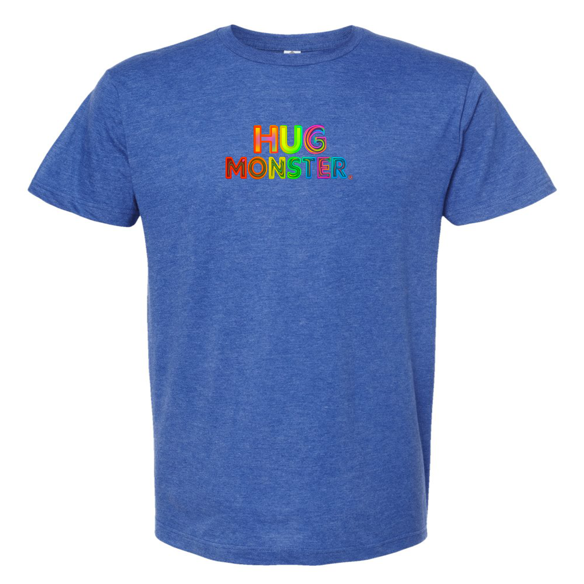 Hug Monster Digital Rainbow Chaos Astronaut and Alien Hug - Positive Message Graphic Tee in Heather Royal Blue – Front View