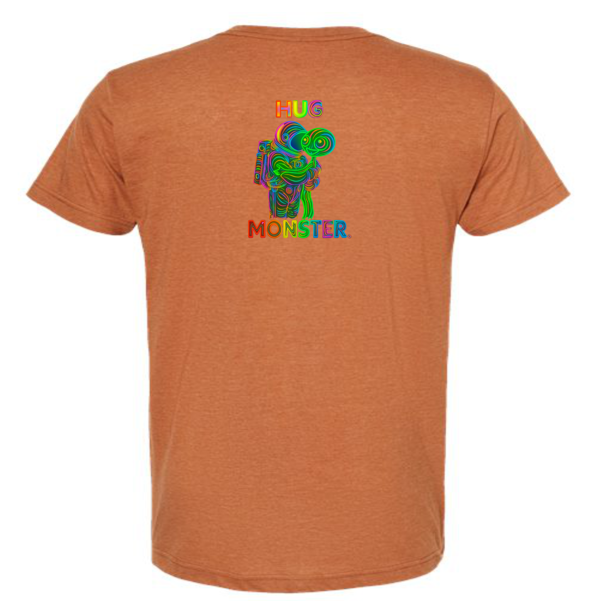 Hug Monster Digital Rainbow Chaos Astronaut and Alien Hug - Positive Message Graphic Tee in Heather Rust – Back View