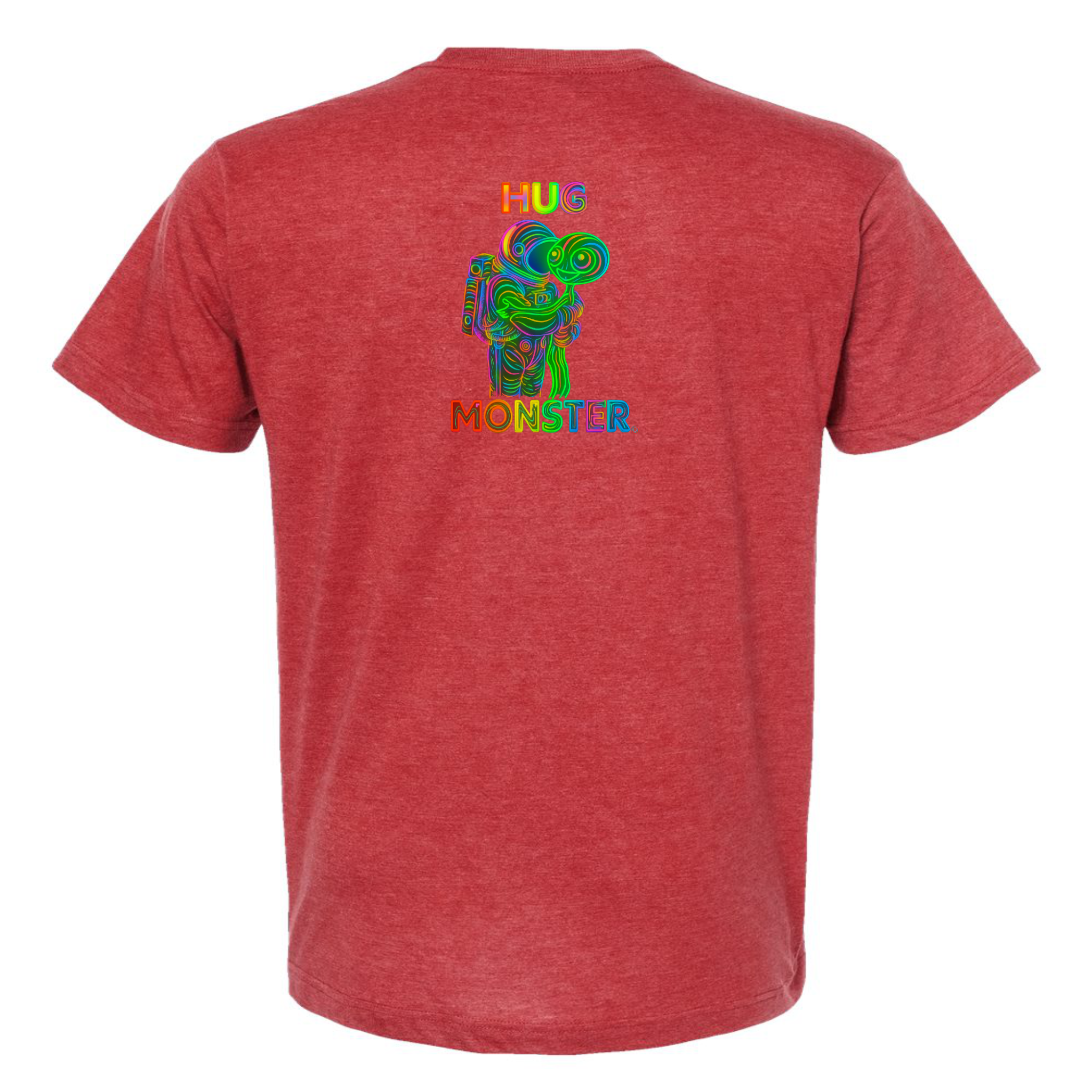 Hug Monster Digital Rainbow Chaos Astronaut and Alien Hug - Positive Message Graphic Tee in Heather Scarlet Red – Back View