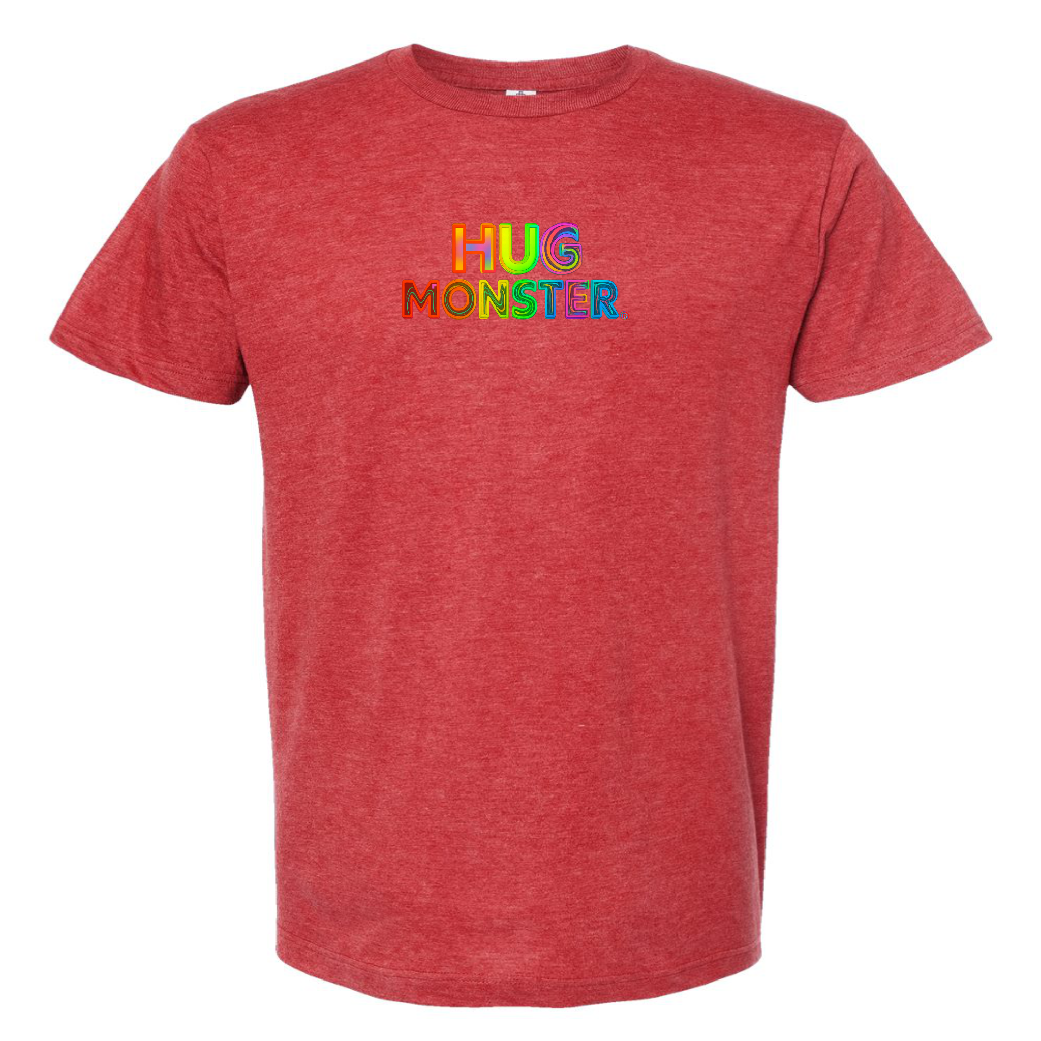 Hug Monster Digital Rainbow Chaos Astronaut and Alien Hug - Positive Message Graphic Tee in Heather Scarlet Red – Front View
