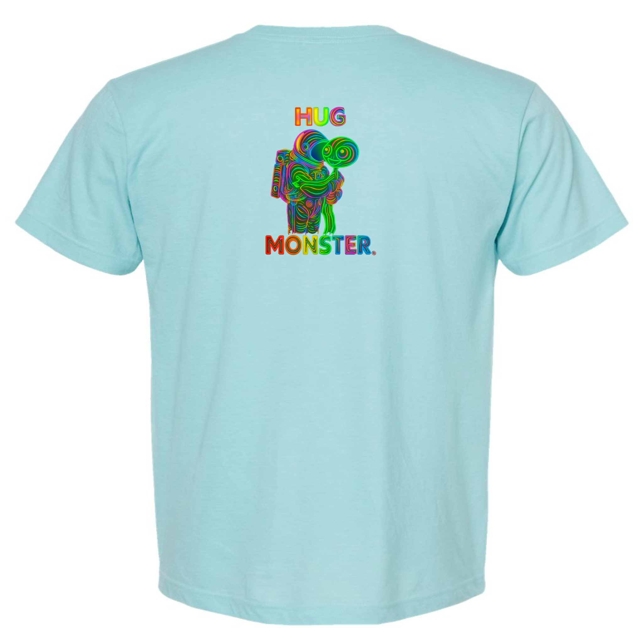 Hug Monster Digital Rainbow Chaos Astronaut and Alien Hug - Positive Message Graphic Tee in Heather Turquoise – Back View
