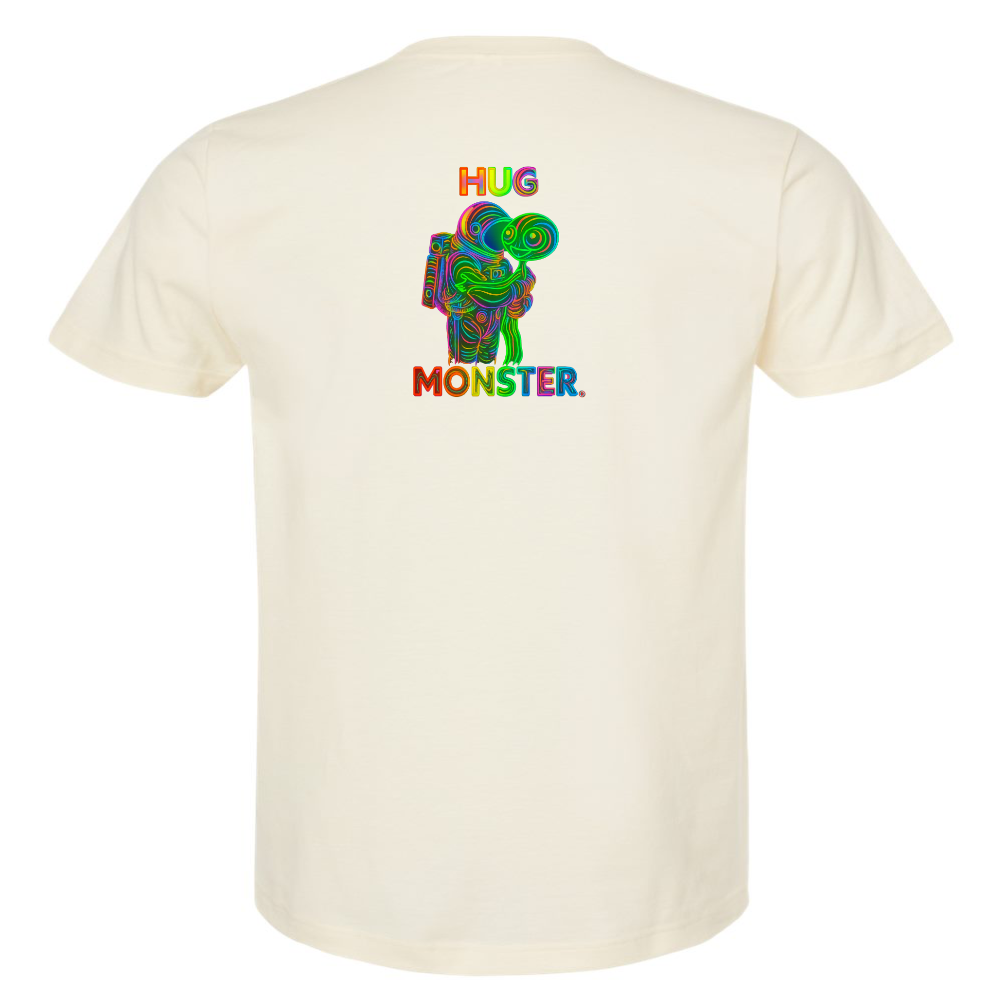 Hug Monster Digital Rainbow Chaos Astronaut and Alien Hug - Positive Message Graphic Tee in Natural – Back View