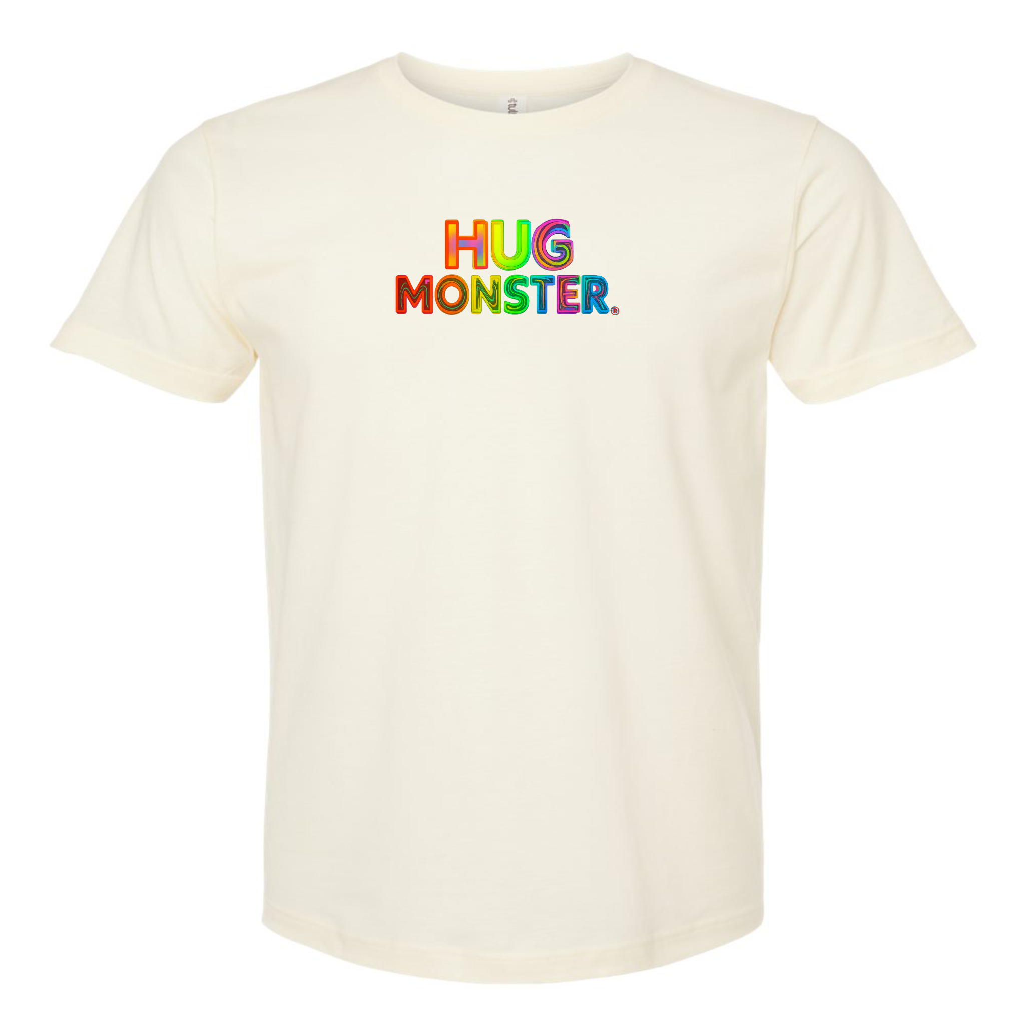 Hug Monster Digital Rainbow Chaos Astronaut and Alien Hug - Positive Message Graphic Tee in Natural – Front View