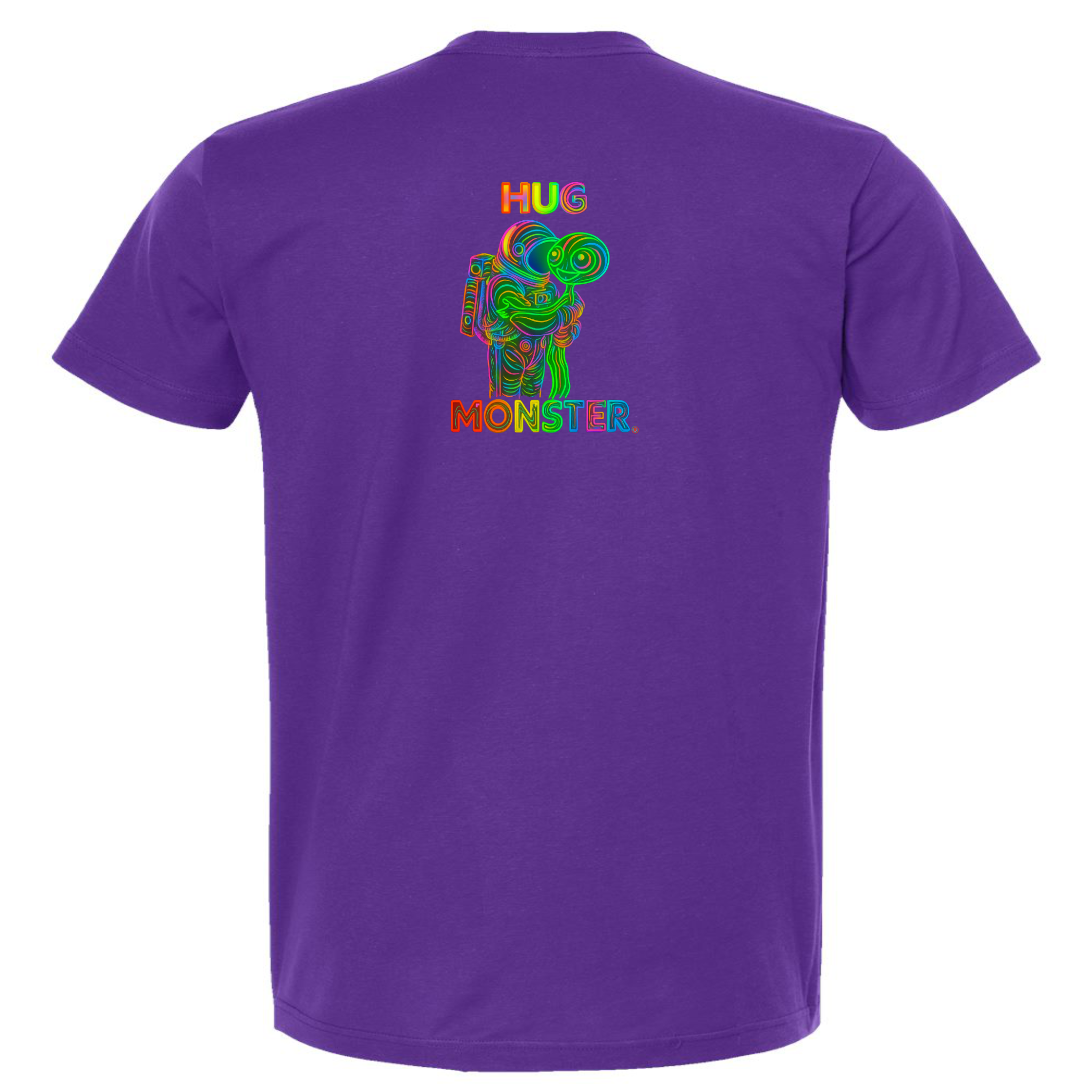 Hug Monster Digital Rainbow Chaos Astronaut and Alien Hug - Positive Message Graphic Tee in Purple – Back View