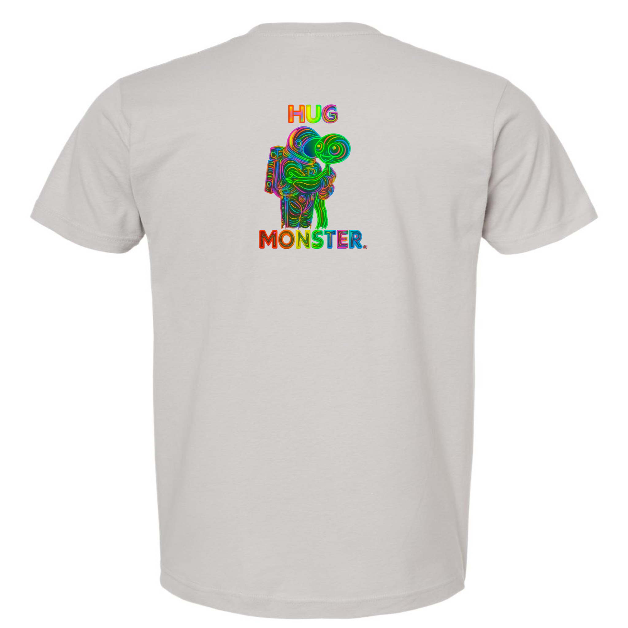 Hug Monster Digital Rainbow Chaos Astronaut and Alien Hug - Positive Message Graphic Tee in Silver – Back View