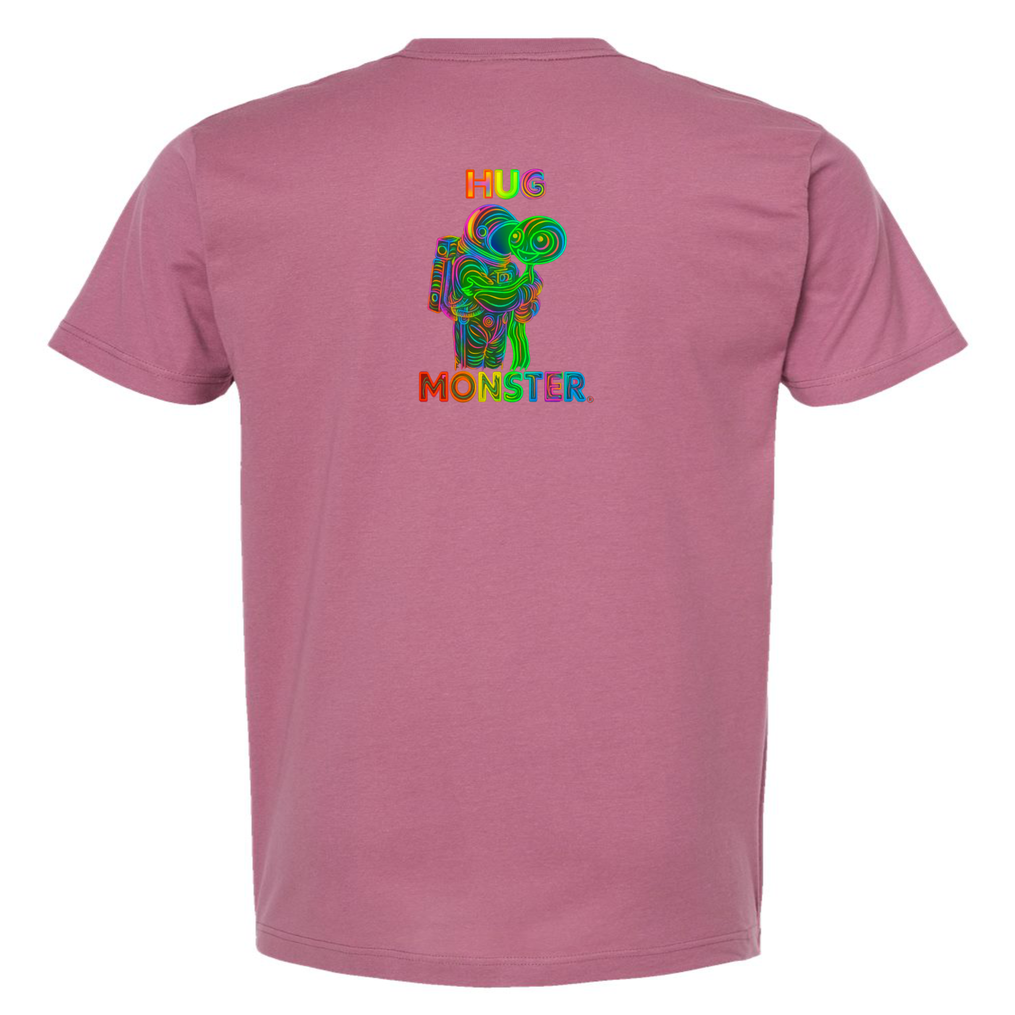 Hug Monster Digital Rainbow Chaos Astronaut and Alien Hug - Positive Message Graphic Tee in Soft Dusty Rose Pink – Back View