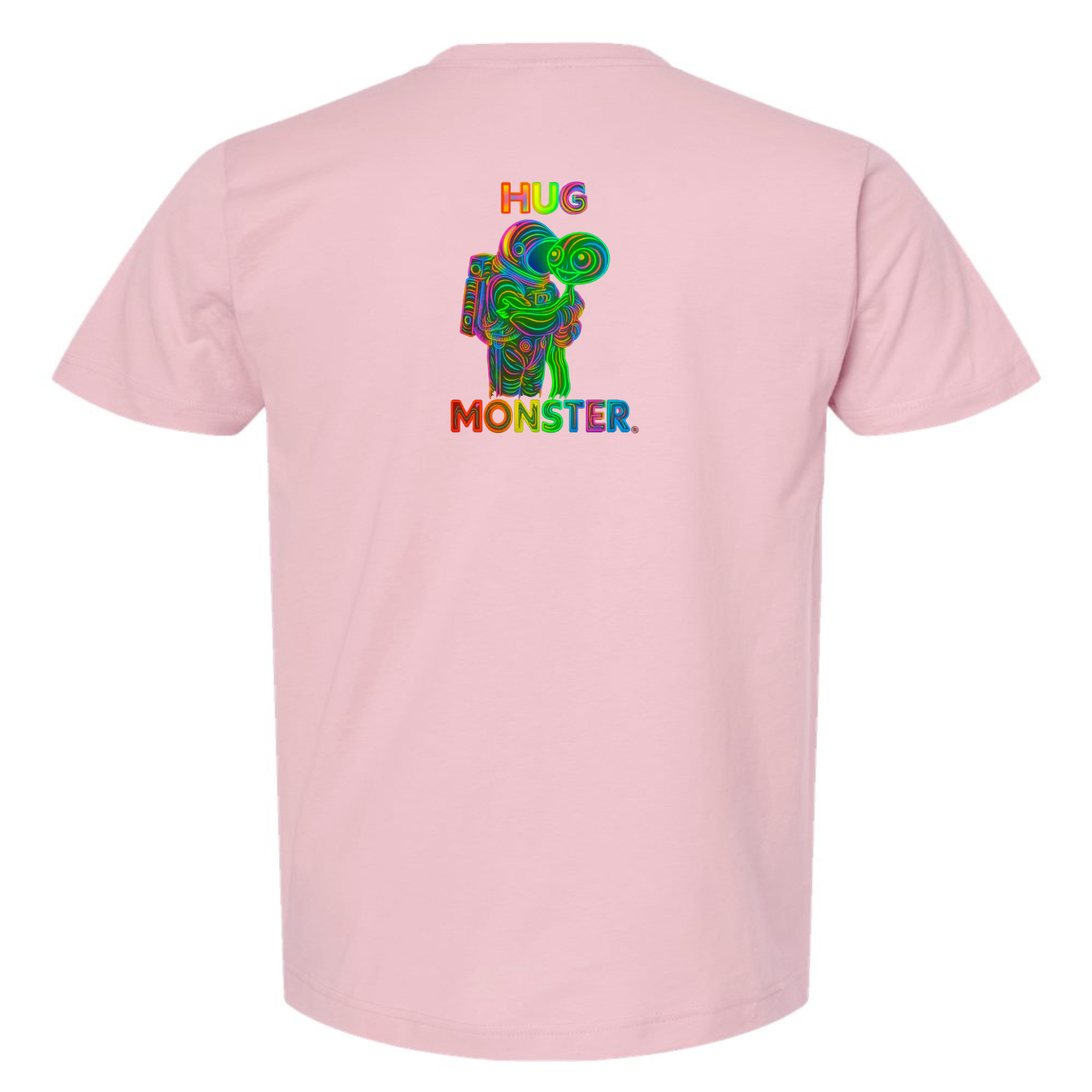 Hug Monster Digital Rainbow Chaos Astronaut and Alien Hug - Positive Message Graphic Tee in Soft Pink – Back View
