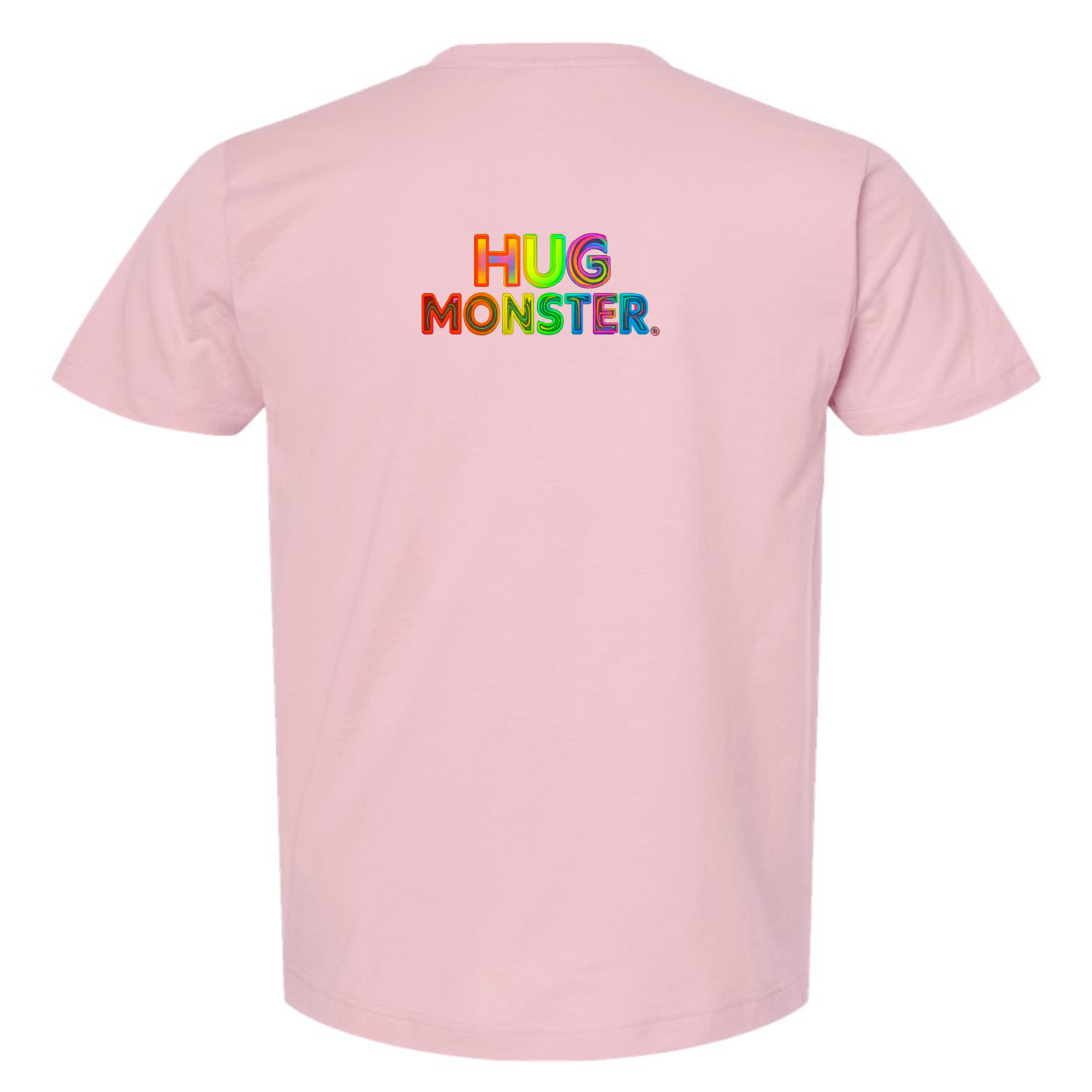 Hug Monster Digital Rainbow Chaos Astronaut and Alien Hug - Positive Message Graphic Tee in Soft Pink – Front View