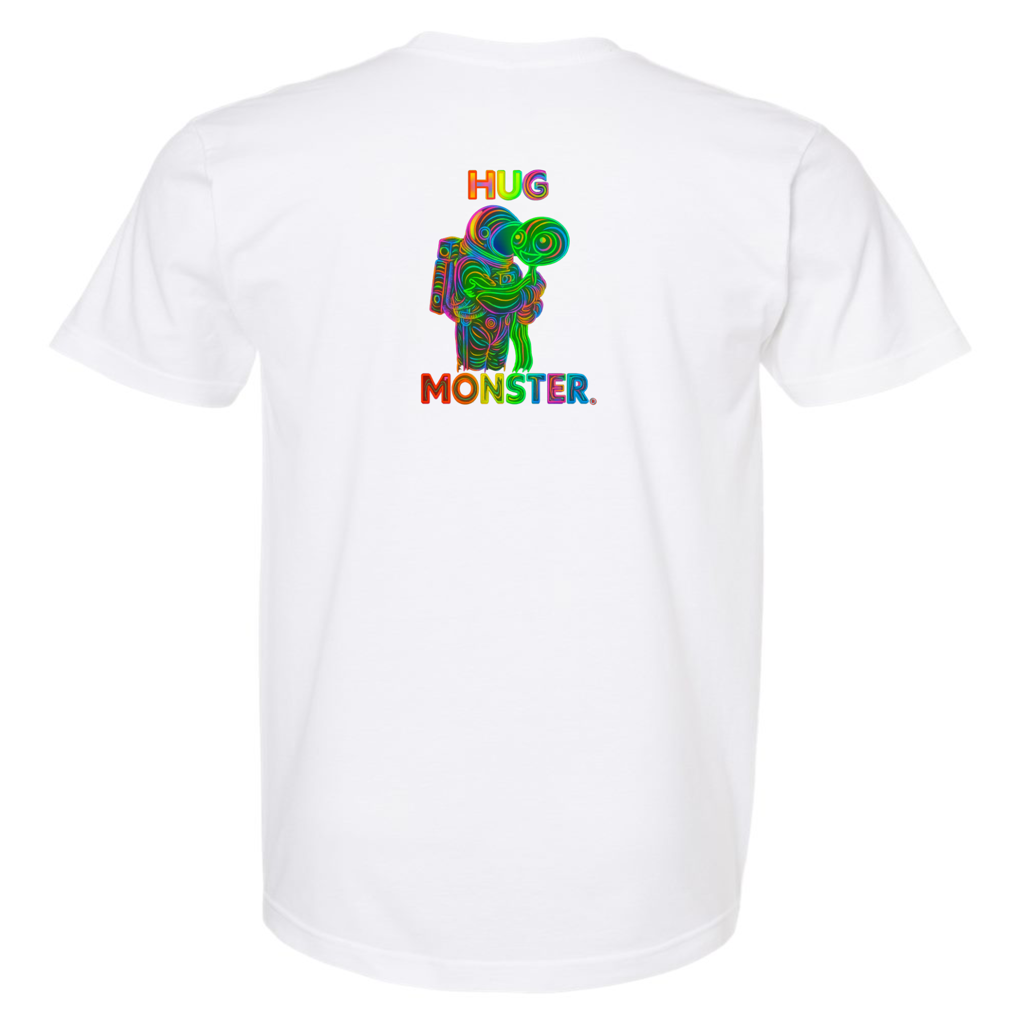 Hug Monster Digital Rainbow Chaos Astronaut and Alien Hug - Positive Message Graphic Tee in White – Back View