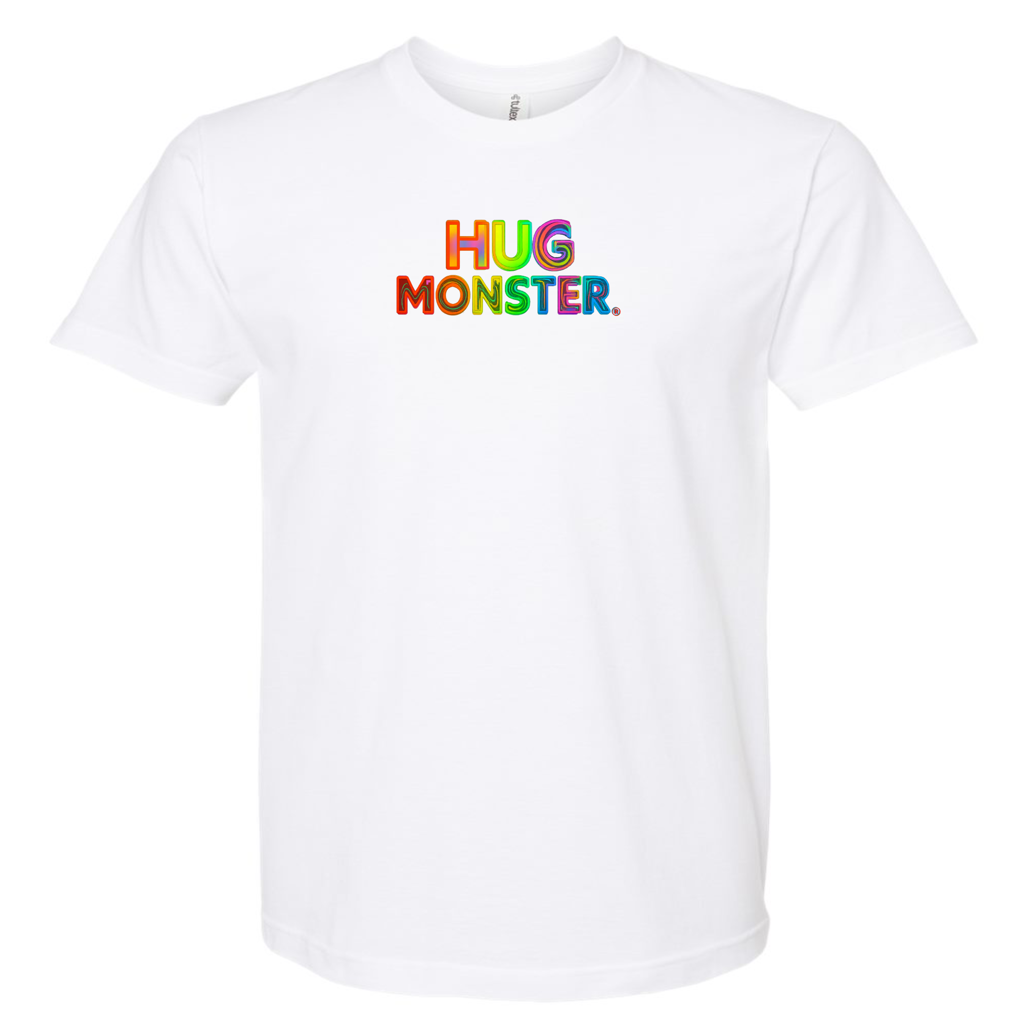 Hug Monster Digital Rainbow Chaos Astronaut and Alien Hug - Positive Message Graphic Tee in White – Front View