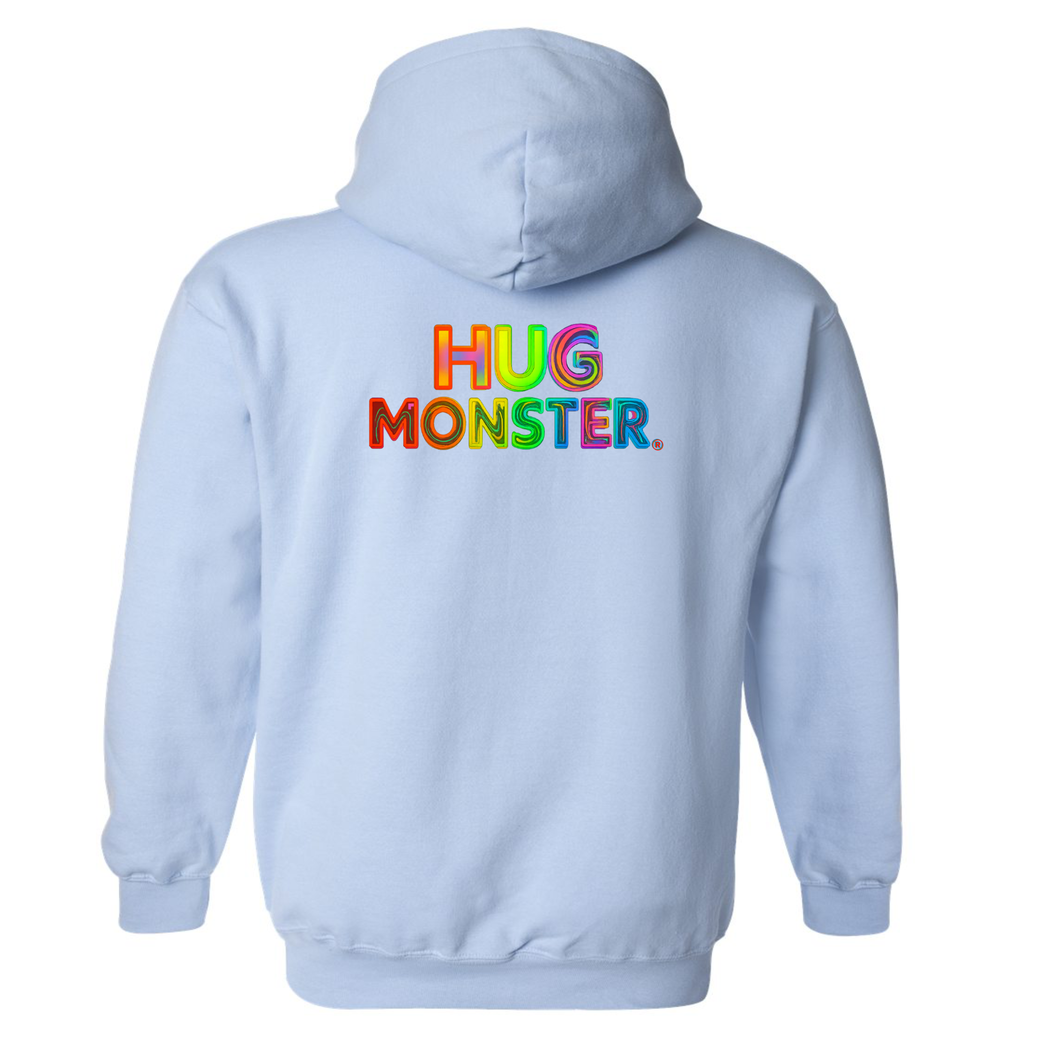 Hug Monster Digital Rainbow Chaos graphic hoodie in Baby Blue cozy fleece positive message sweatshirt